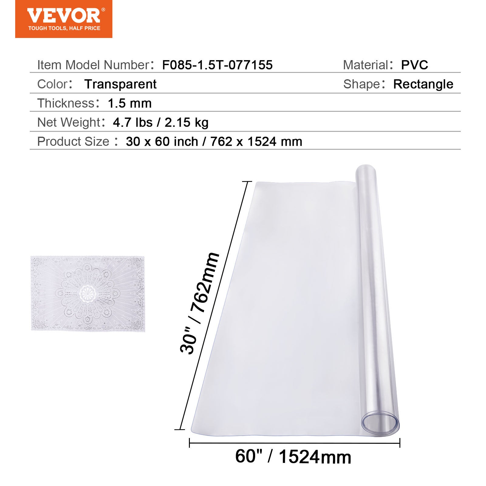 Protector de mesa de PVC transparente,VEVOR 30 x 60 pulgadas,1,5 mm de grosor,rectangular,impermeable y fácil de limpiar,apto para restaurantes - 7