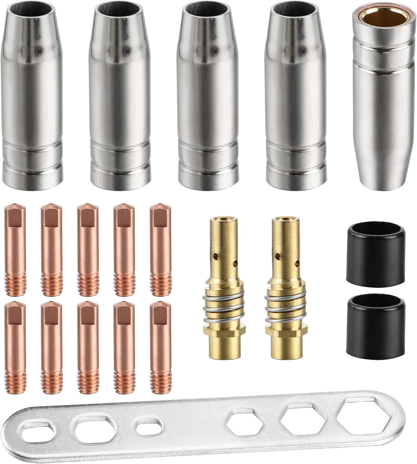 Zestaw 20 szt. końcówek stykowych dyszy spawalniczej MIG/MAG 15AK z uchwytem złącza gazowego M6 (10 x rurka stykowa M6 0,8 mm, 5 x dysza, 2 x złącze