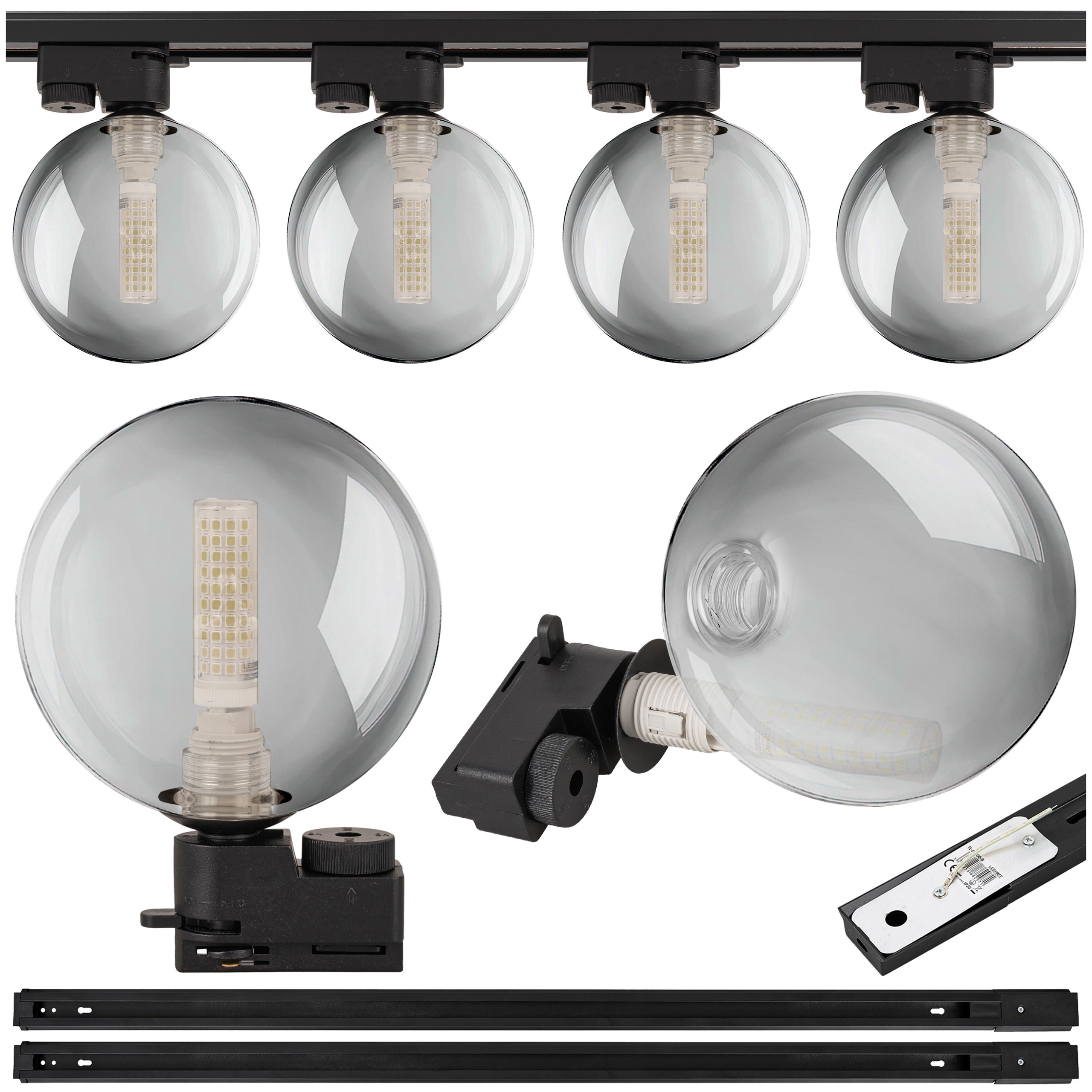 Lampa szynowa wisząca 4x KULA GRAFITOWA klosz dymiony G9 + 2x szynoprzewód 1m Oprawa szklana szara OZDOBNA - LEDHOFF