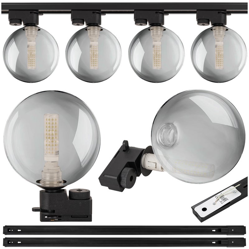 Lampa szynowa wisząca 4x KULA GRAFITOWA klosz dymiony G9 + 2x szynoprzewód 1m Oprawa szklana szara OZDOBNA - LEDHOFF