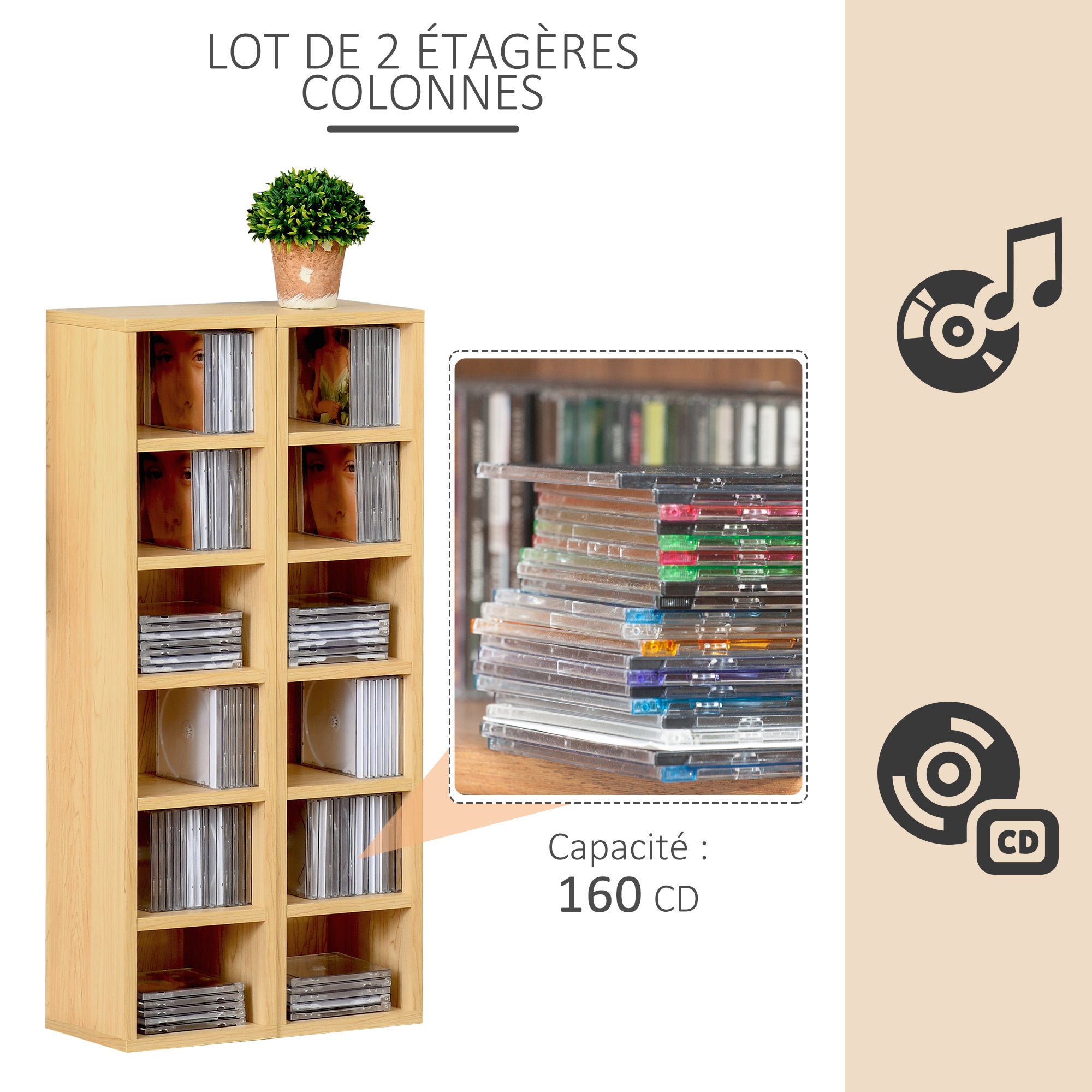Lot de 2 étagères colonnes Armoire de Rangement CD-DVD 6 + 6 Compartiments dim. 21L x 19l x 88H cm capacité Max. 160 CD Coloris hêtre - 5