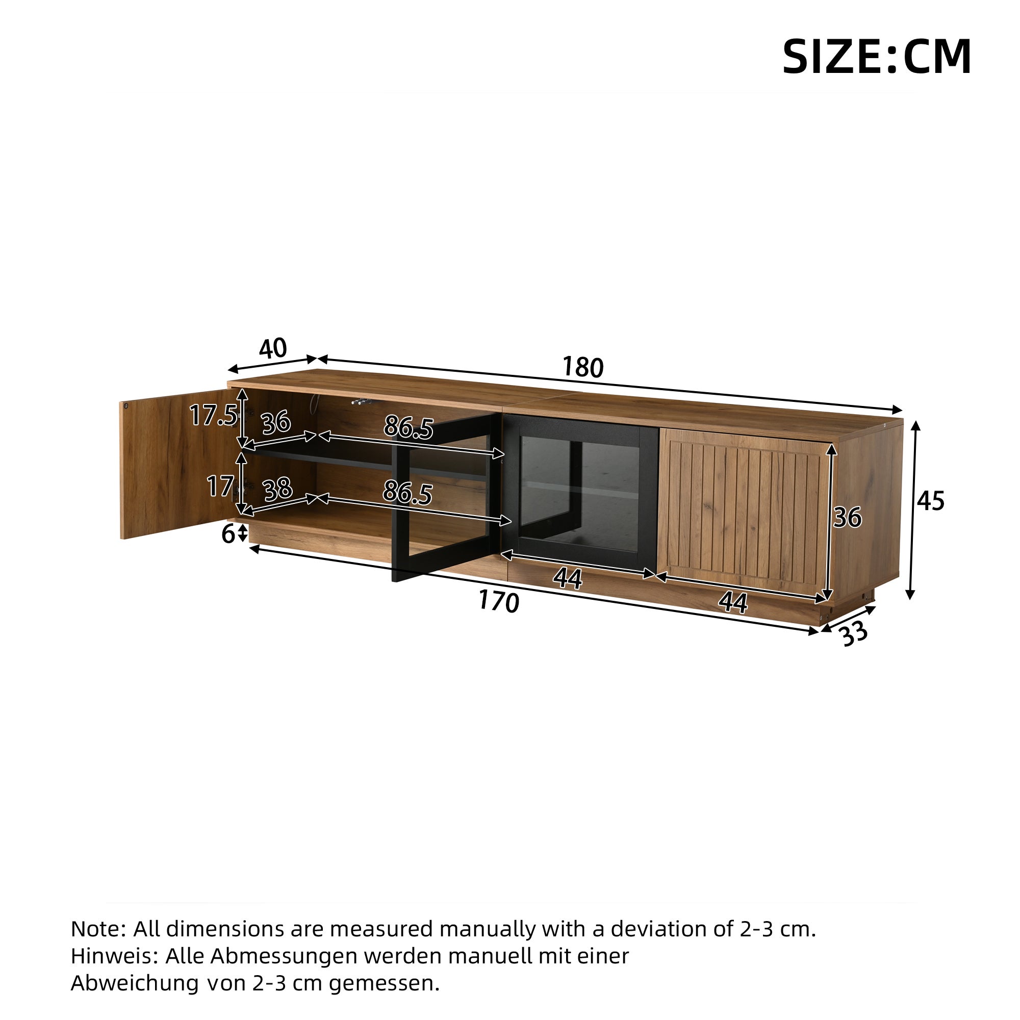 Stolik pod TV 180x40x45 cm - z oświetleniem LED - 4 drzwi - Panel szklany - Płyta wiórowa - Kolor naturalny + czarny - 5