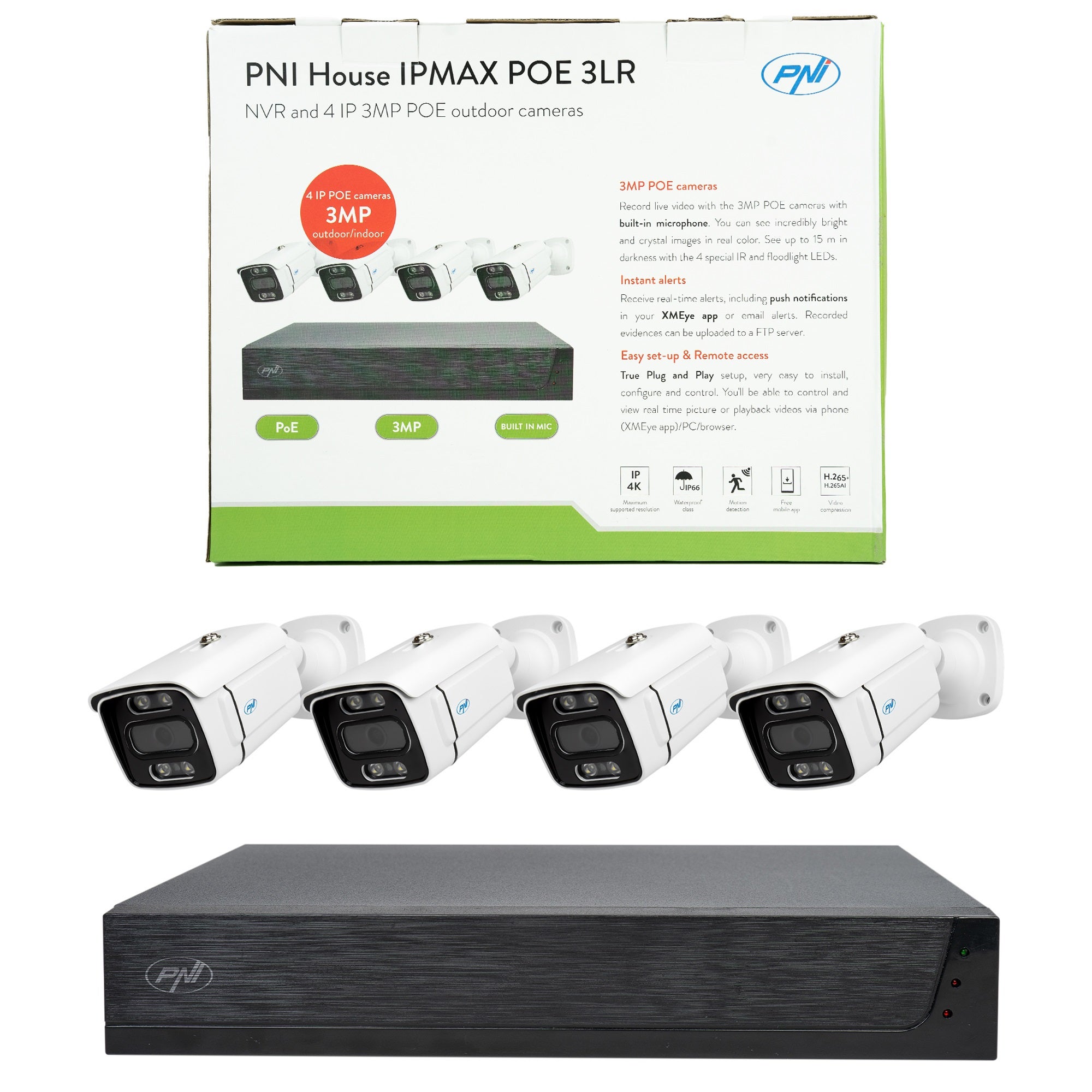 Kit de vidéosurveillance PNI House IPMAX POE 3LR, NVR avec 4 ports POE et 10 en réseau, ONVIF et 4 caméras IP 3MP, extérieur, Power over Ethernet - 2