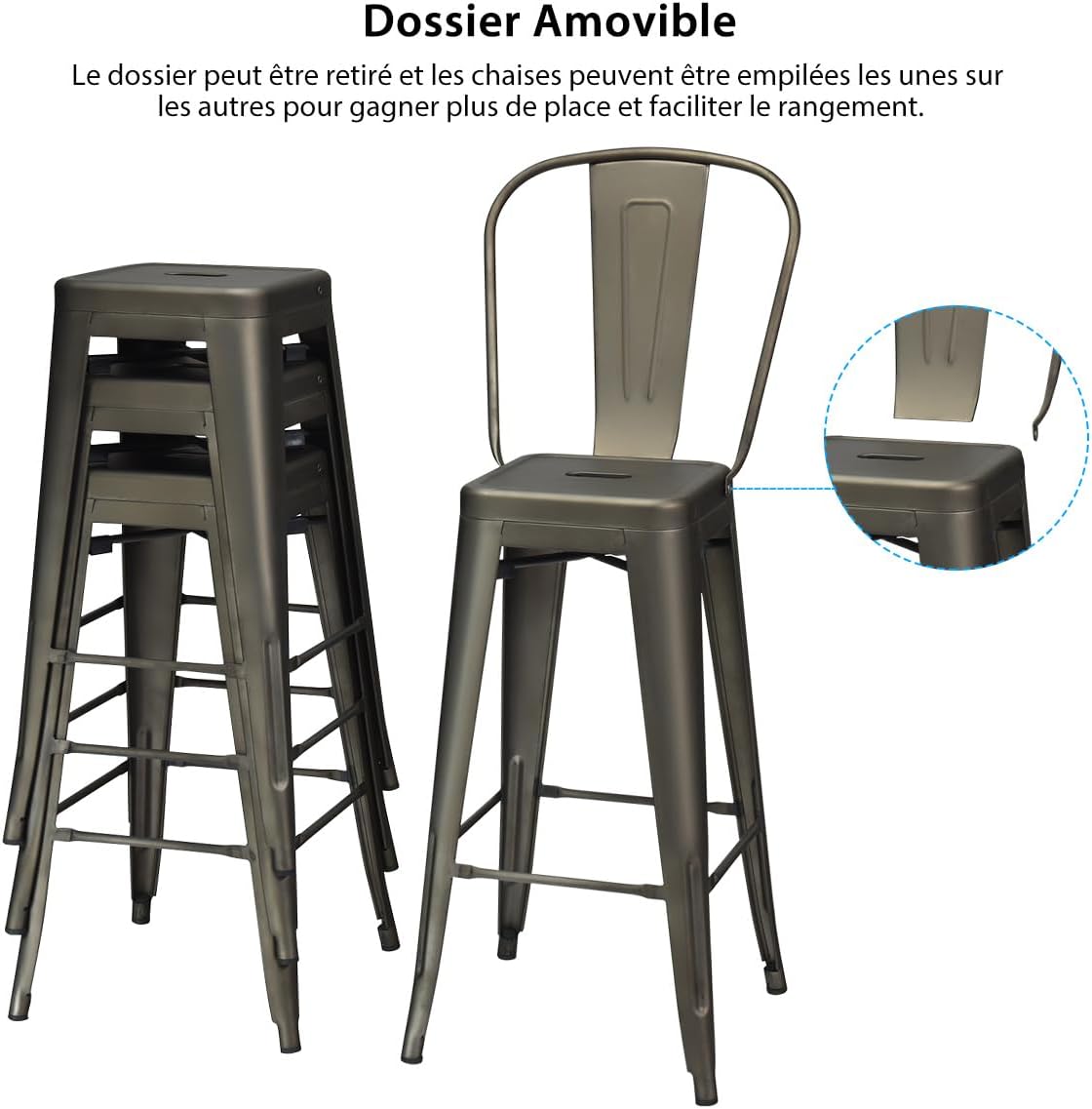 Sedie in Metallo da 76 cm, Set di 4 Sedie da Bar, Sedie in Metallo con Schienale Rimovibile, Sedie da Bar Laterali, per Interni ed Esterni - 5