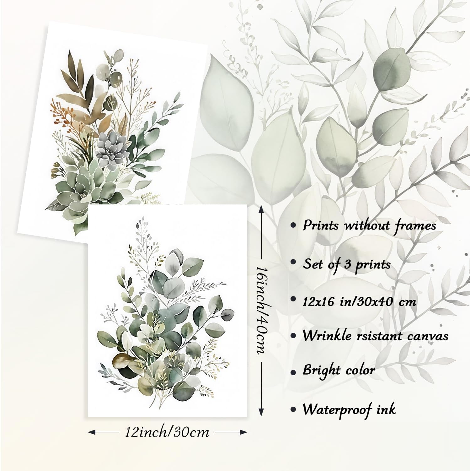 12x16 pouce Non Encadré 3Pcs Boho Wall Art Décor, Feuilles Vertes Affiche Botanique Impression pour Salle de Bain Salon, Eucalyptus Feuilles - 4