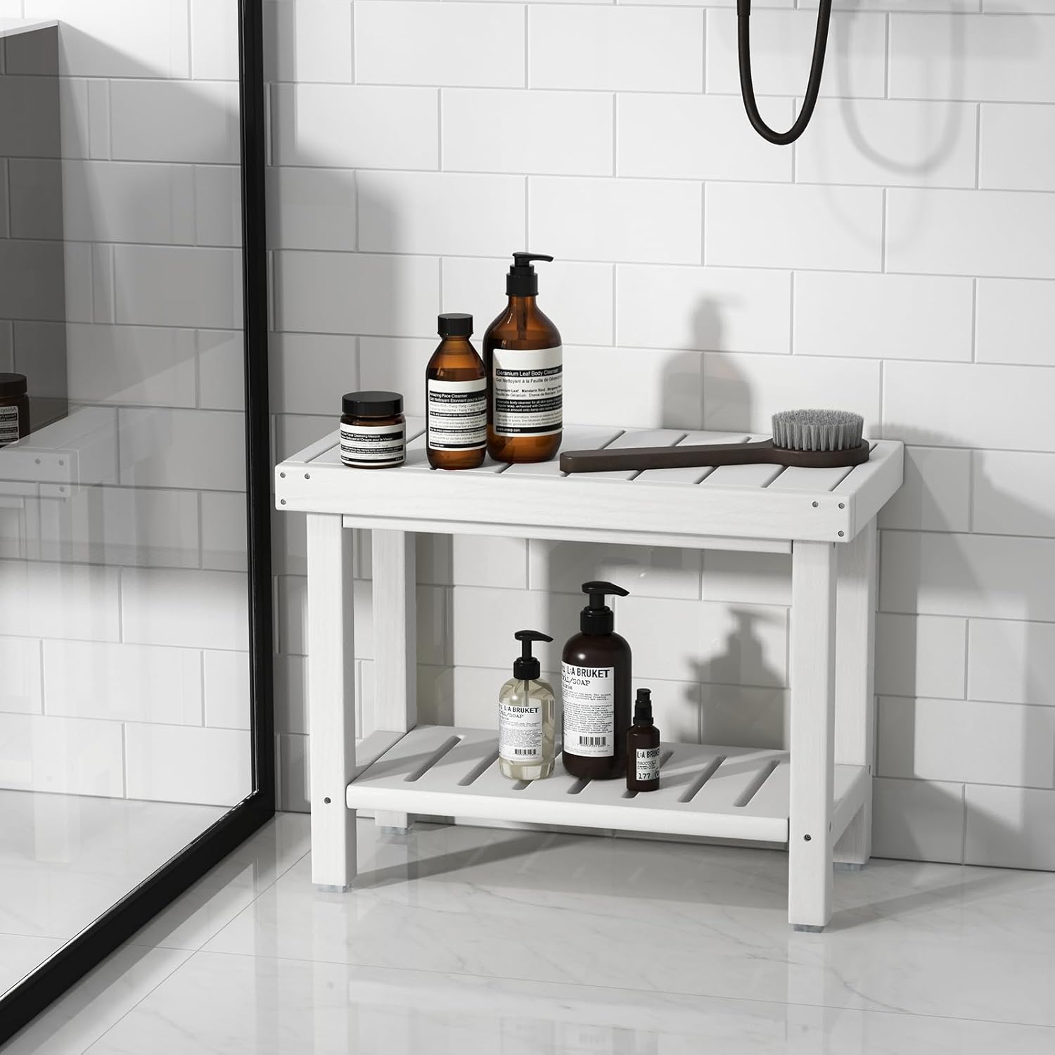 Banc de Douche à 2 Niveaux, Tabouret de Douche de Salle de Bain Étanche en HDPE avec Étagère de Rangement et Patins Antidérapants Our Baignade - 8