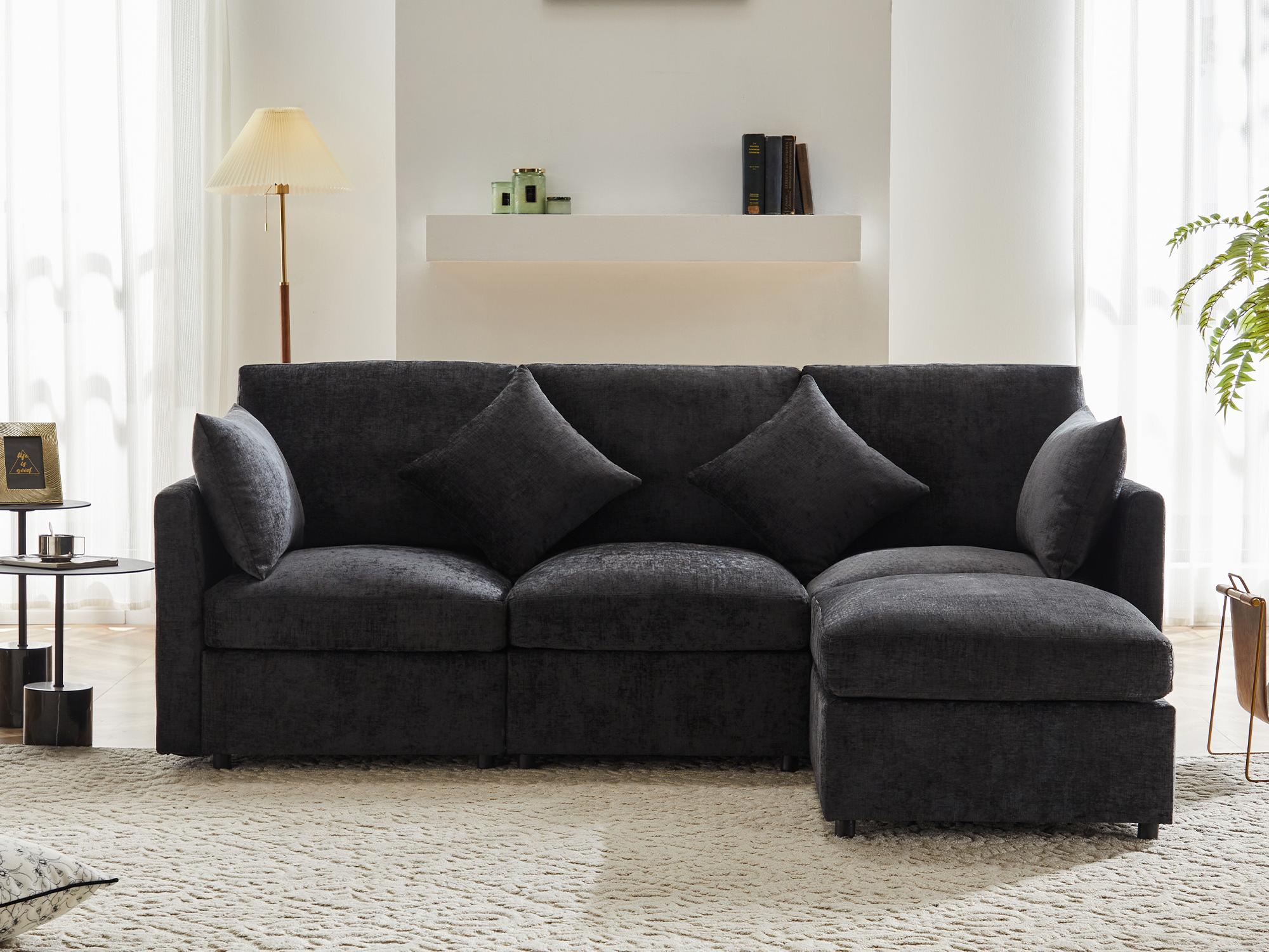 Sofa narożna 3-osobowa - z modułowym podnóżkiem - szenil - Szara