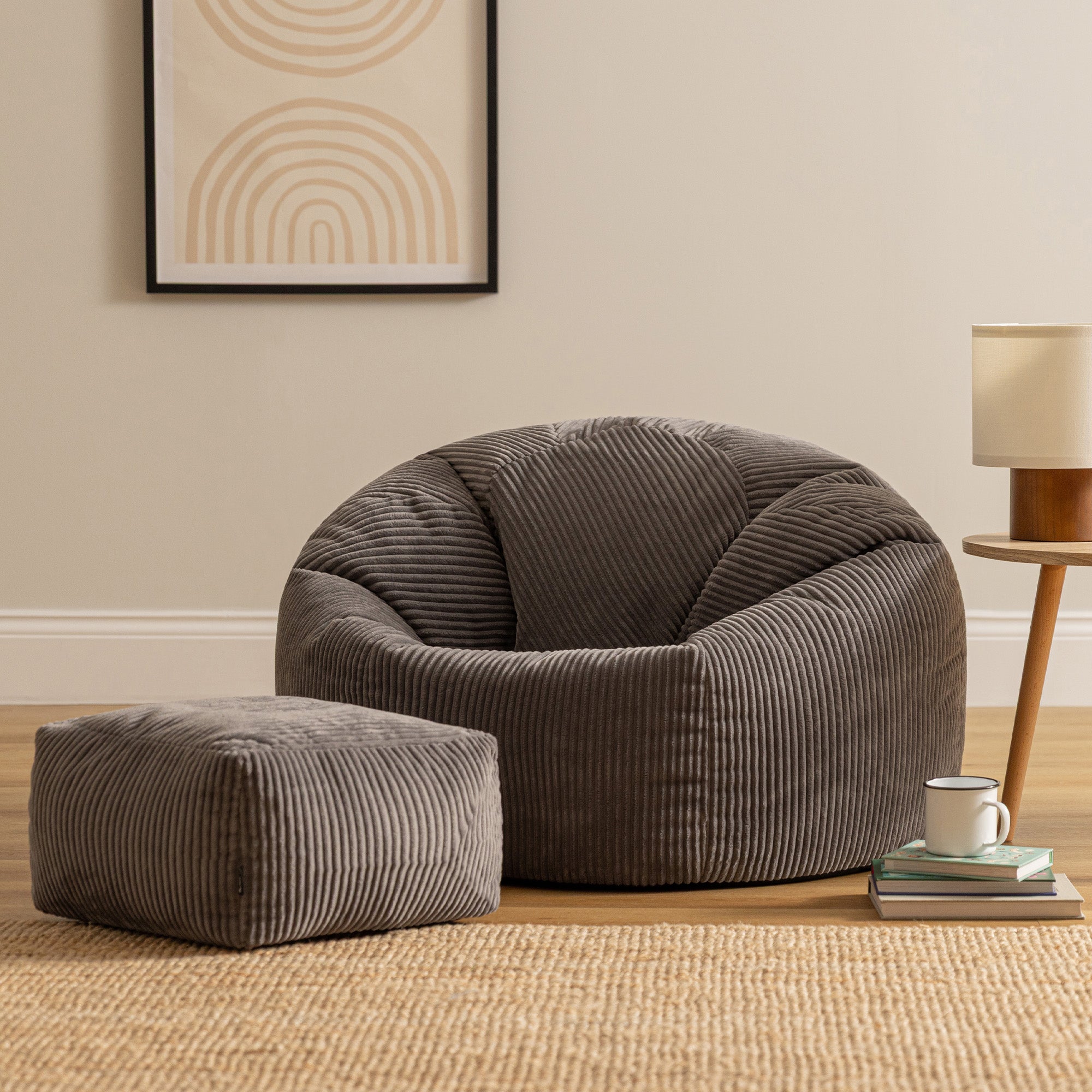 Pouf avec repose-pied Icon, salon, chambre, velours côtelé gris anthracite, 85x85cm, Made in Allemagne, Oeko-Tex® - 2