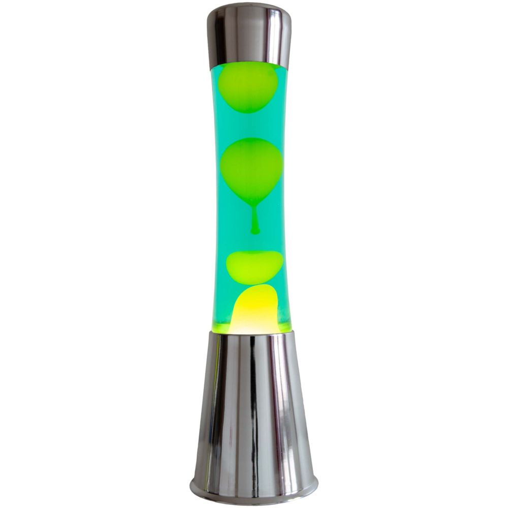 Fisura - Lampe à lave verte et jaune. Base chromée argentée, liquide vert et lave jaune. Avec ampoule de rechange. 11 cm x 11cm x 39,5 cm. - 2