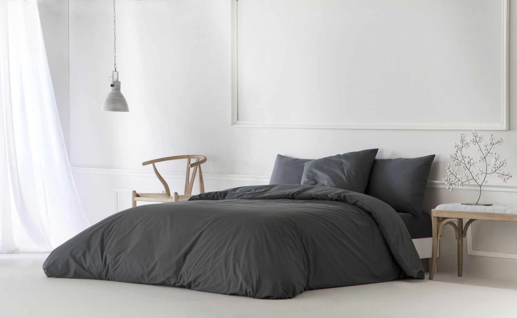 Funda nórdica lisa antracita cama 180 cm - 260x240 cm, algodón 200 hilos. cierre con botones.