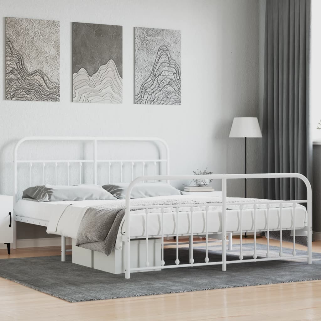 Cadre De Lit Métal 180x200cm Blanc : Avec Tête Et Pied De Lit - Neuf