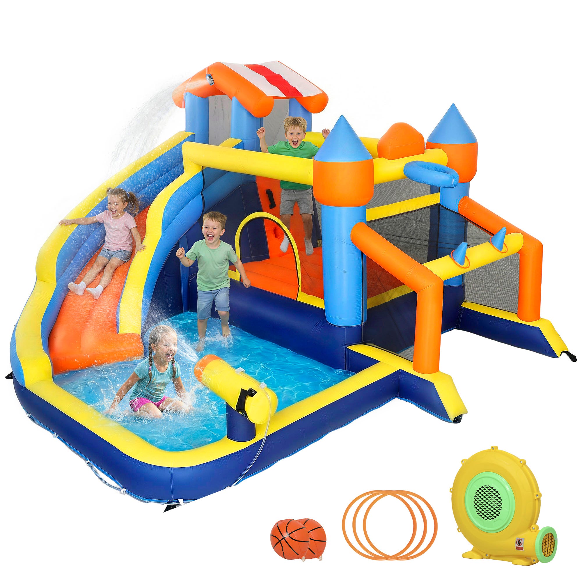 Château gonflable aquatique avec toboggan et piscine, aire de jeux extérieure avec souffleur 450w, football, 360x320x200cm Château gonflable aquatique avec toboggan et piscine, aire de jeux extérieure avec souffleur 450w, football, 360x320x200cm