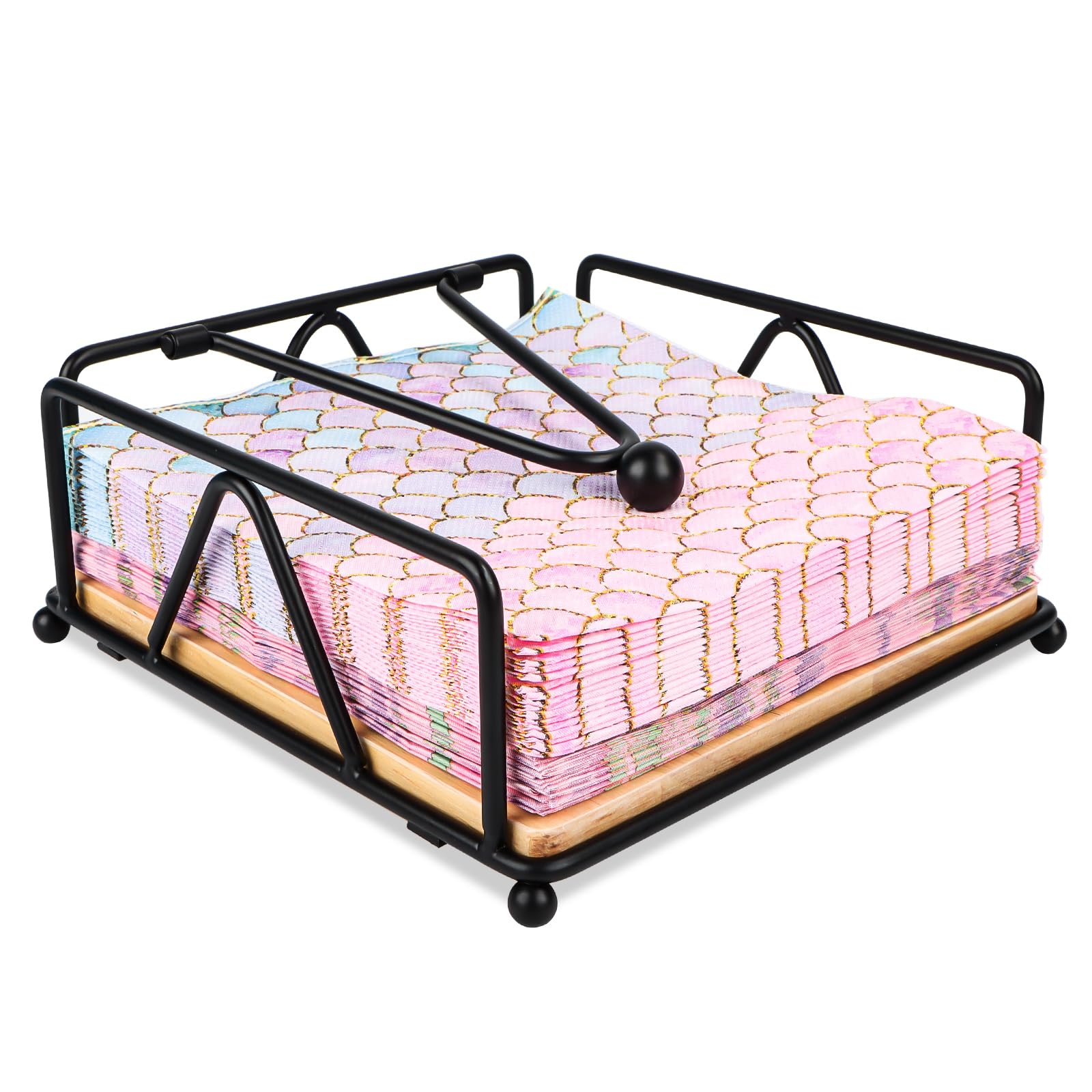 Servilletero de mesa de metal negro dispensador de servilletas papel para mesa con barra lastrada y base madera para mesas comidas cocina restaurante