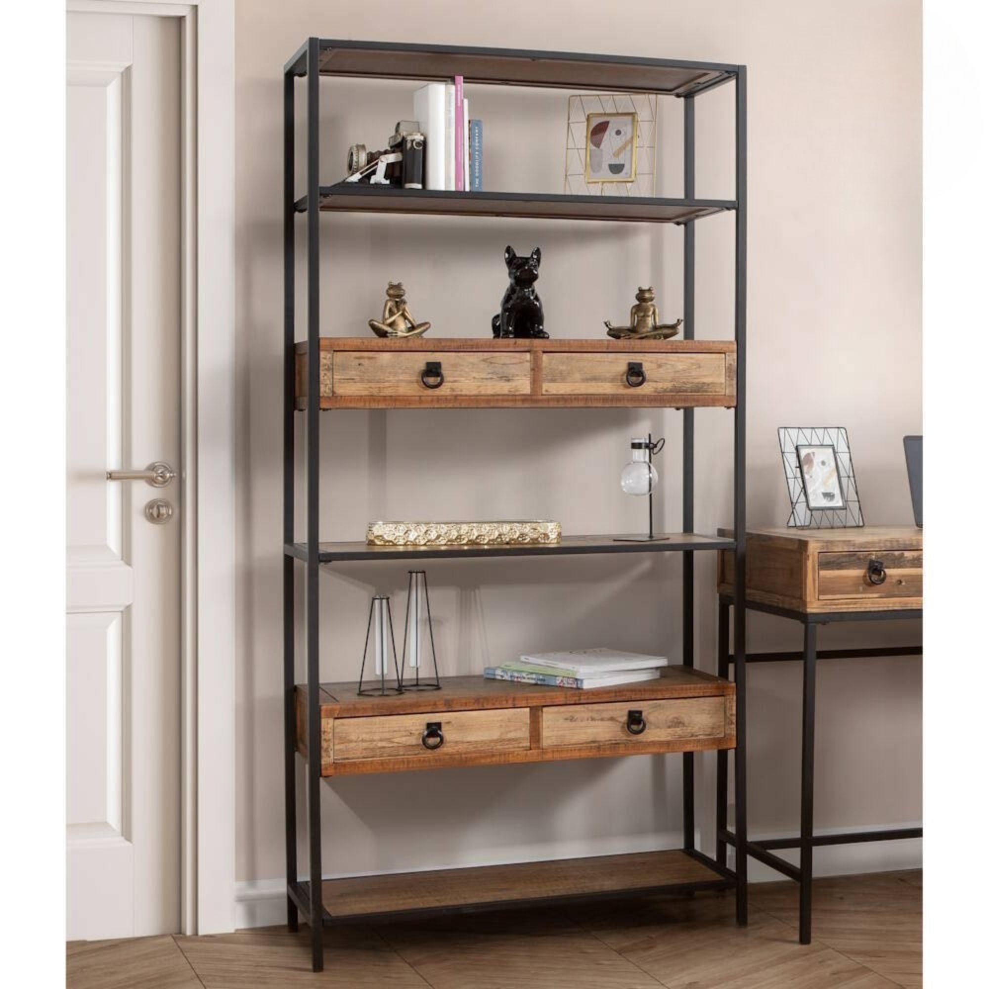 Estante em madeira de abeto com 4 gavetas e estrutura metálica preta – 90 x 36 x 182 cm, estilo rústico-industrial, acabamento nogueirado