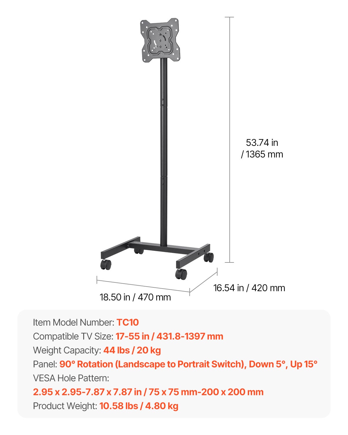 Support TV mobile,VEVOR pour téléviseurs LED/LCD/OLED 17 à 55 pouces,jusqu'à 20 kg,chariot TV roulant,support TV pour salon,bureau,extérieur - 7