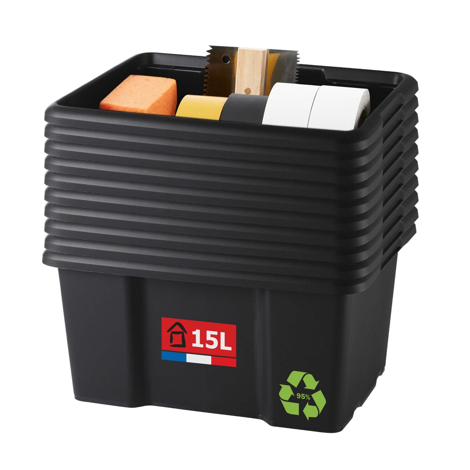 Lot De 10 Bacs De Rangement Plastique 15L Empilables - Noir | Leroy Merlin