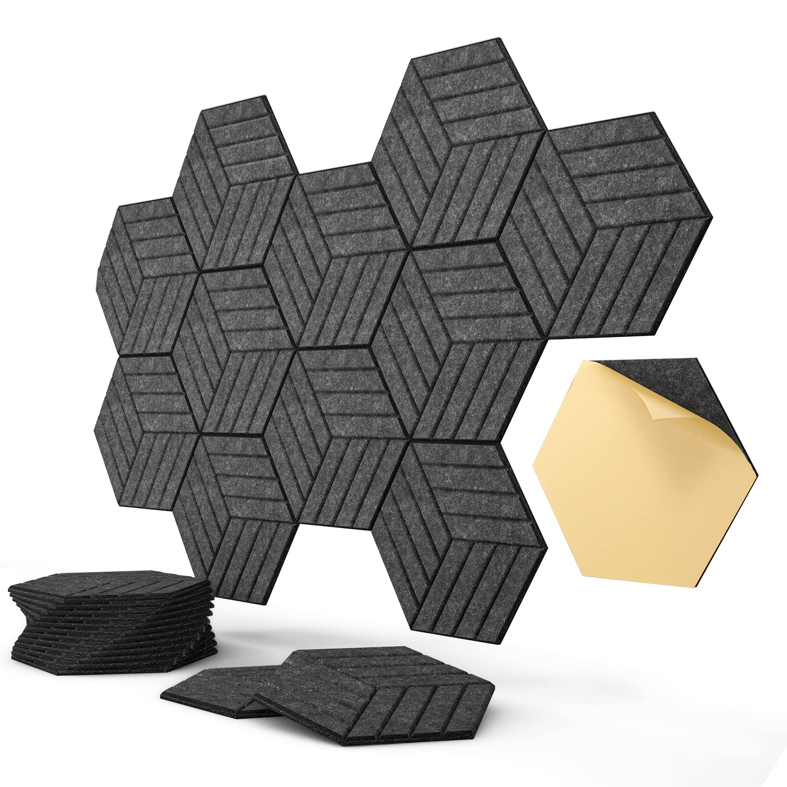 Paquete de 12 paneles acústicos autoadhesivos, paneles acústicos de poliéster de alta densidad, paneles de insonorización hexagonales, gris oscuro