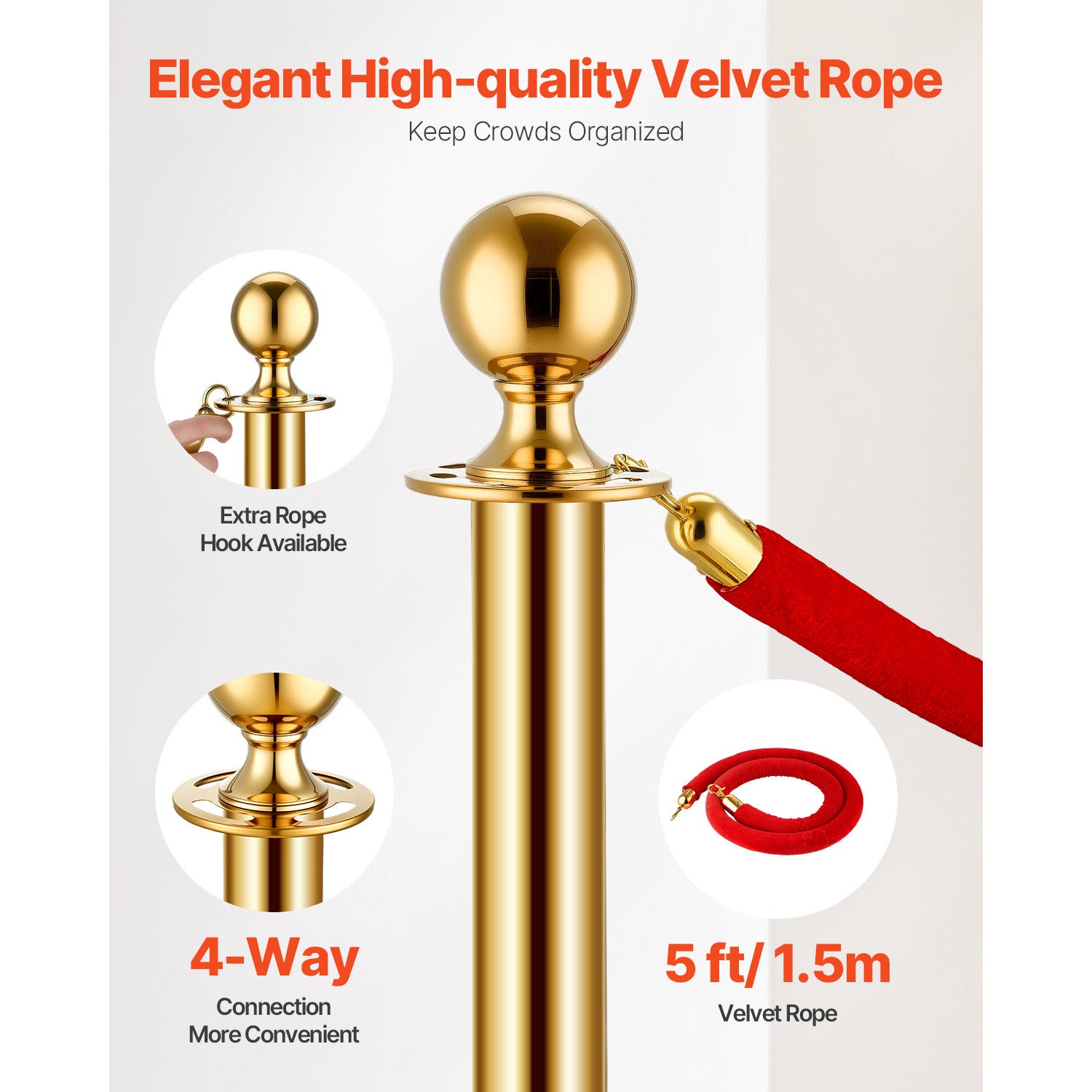 Pali barriera dorati SucceBuy in acciaio inox, set da 4 con 3 corde in velluto rosso, base cava, per eventi e feste, 110V 500W - 8