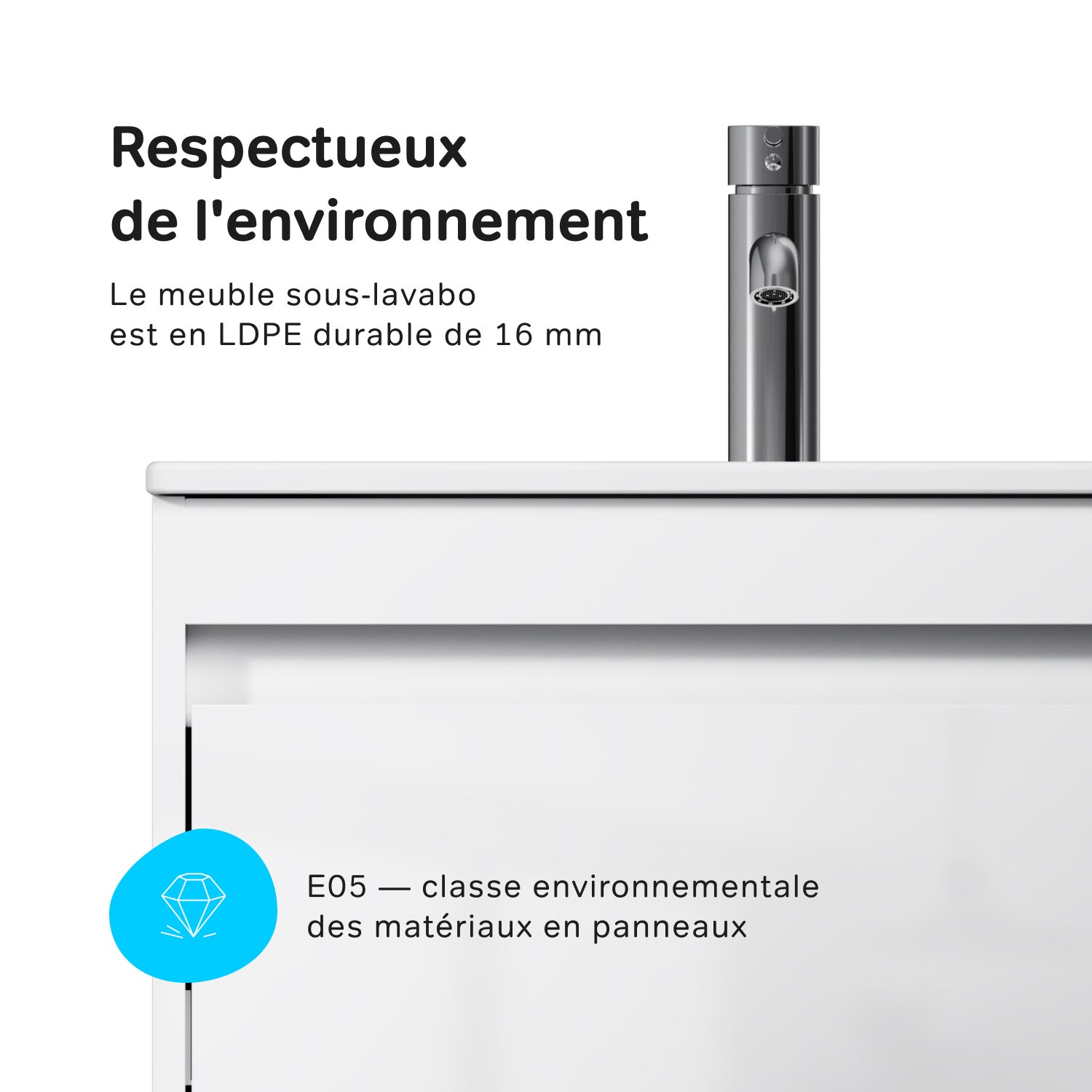 Meuble salle de bains avec Vasque en Céramique Meuble simple vasque suspendu 60cm effet bois clair avec lavabo intégré, 2 tiroirs, design, Blanc AM.PM - 9