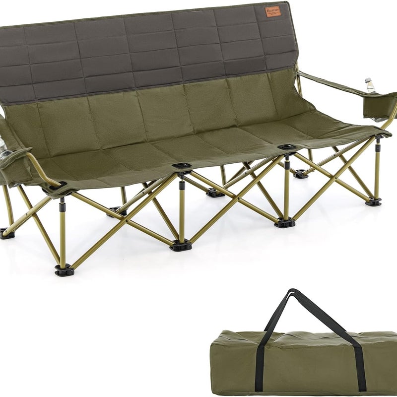 Krzesło Kempingowe dla 3 Osób, Fotel Plażowy z Podłokietnikami, Uchwytami na Kubki, Torbą Transportową, Przenośnym Krzesłe, Nośnością 450 kg (Zielone)