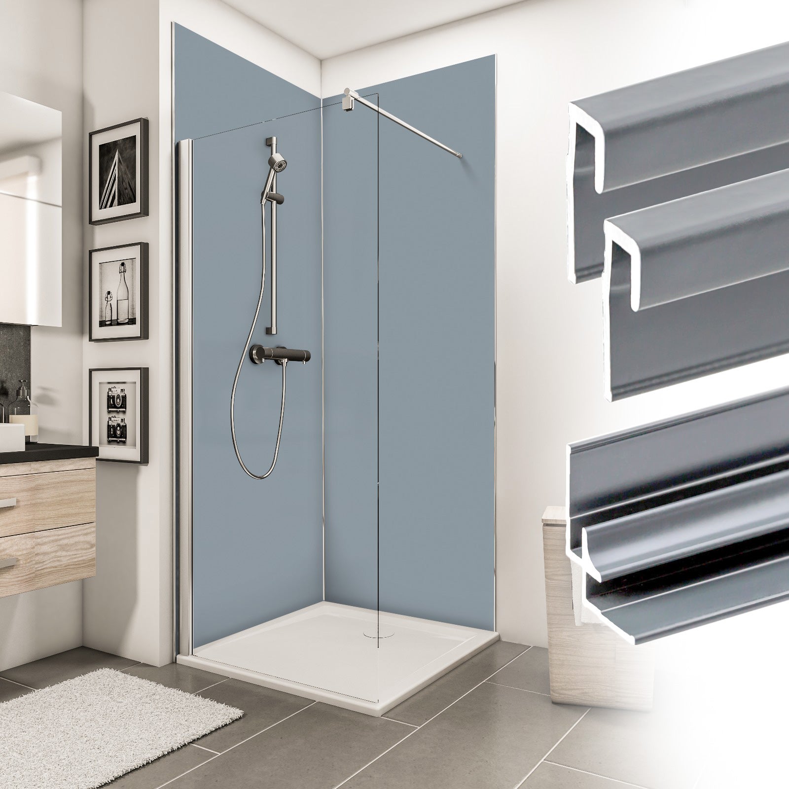 Schulte pack de 2 panneaux muraux 210 cm + 3 profilés: 90x210cm+120x210cm, douche et salle de bain, placement facile, DécoDesign COULEUR, gris argenté - 8