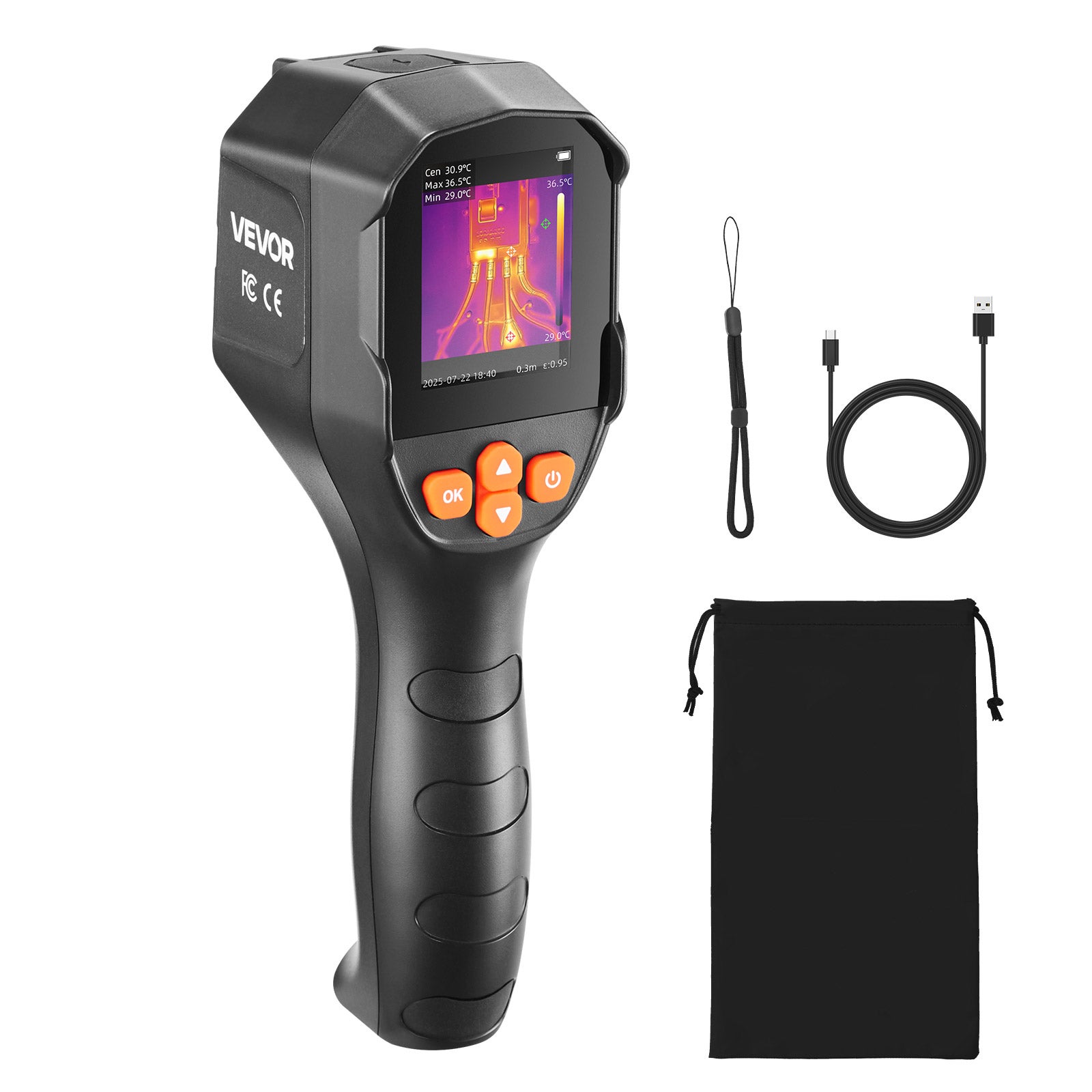 Cameră termică VEVOR, rezoluție TISR 240x180 pixeli, rezoluție IR 96x96 pixeli, cameră vizuală de 2 MP, rată de reîmprospătare de 25 Hz