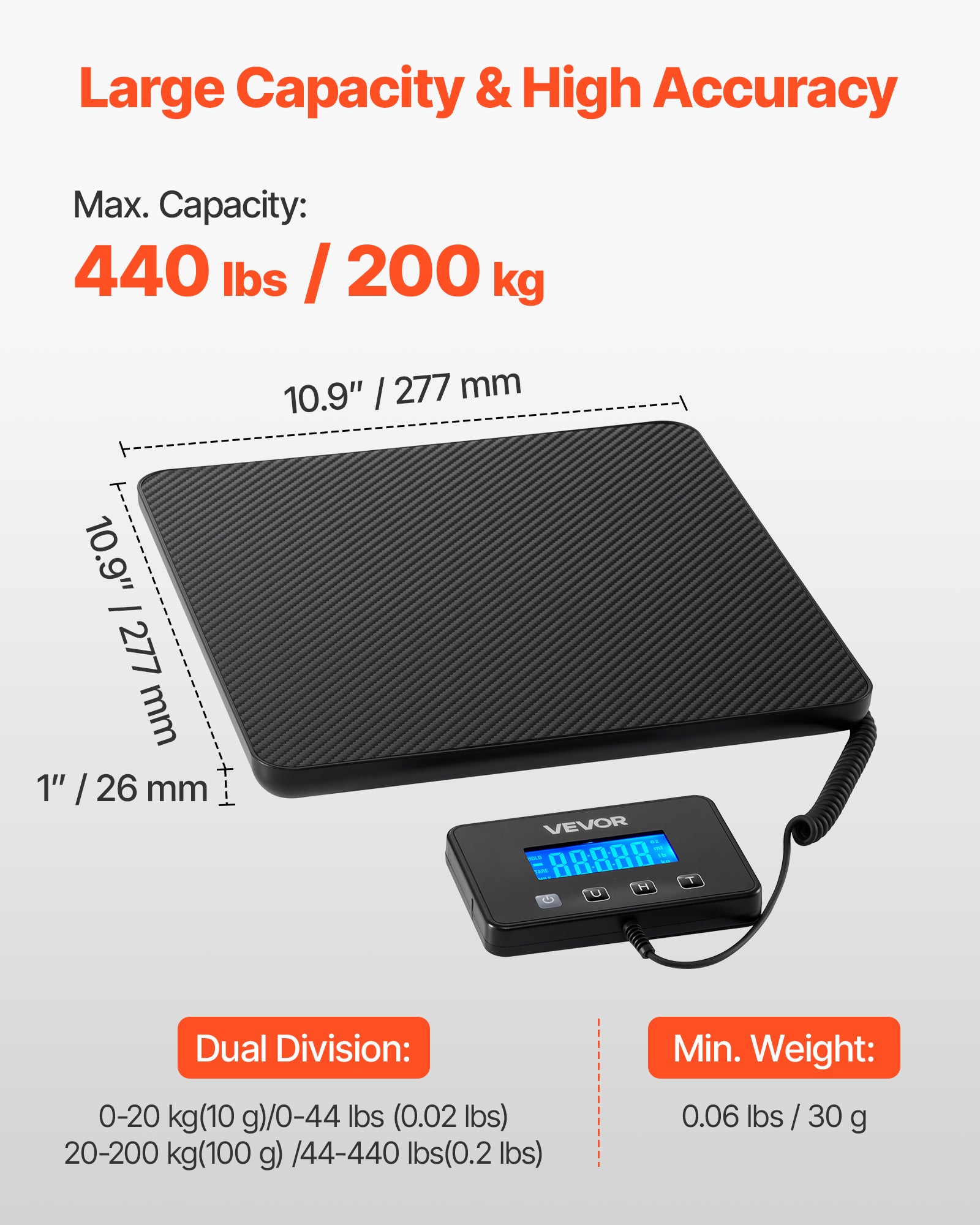 Balance Postale Numérique VEVOR 200 kg Pèse-colis Double Précision 0-20 kg (10 g) et 20-200 kg (100 g), avec Fonction de Maintien Tare, Écran LCD - 2