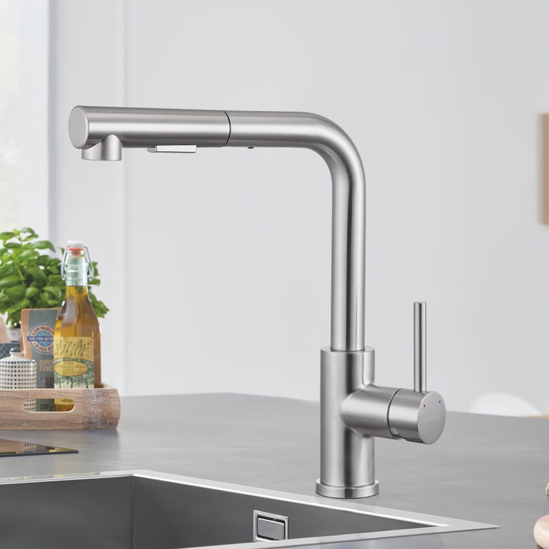 LOVHAUS Wyciągana Bateria Kuchenna, Wysokociśnieniowa Bateria Kuchenna, Obrotowa o 360° Bateria Mieszająca, Szczotkowana Stal Nierdzewna