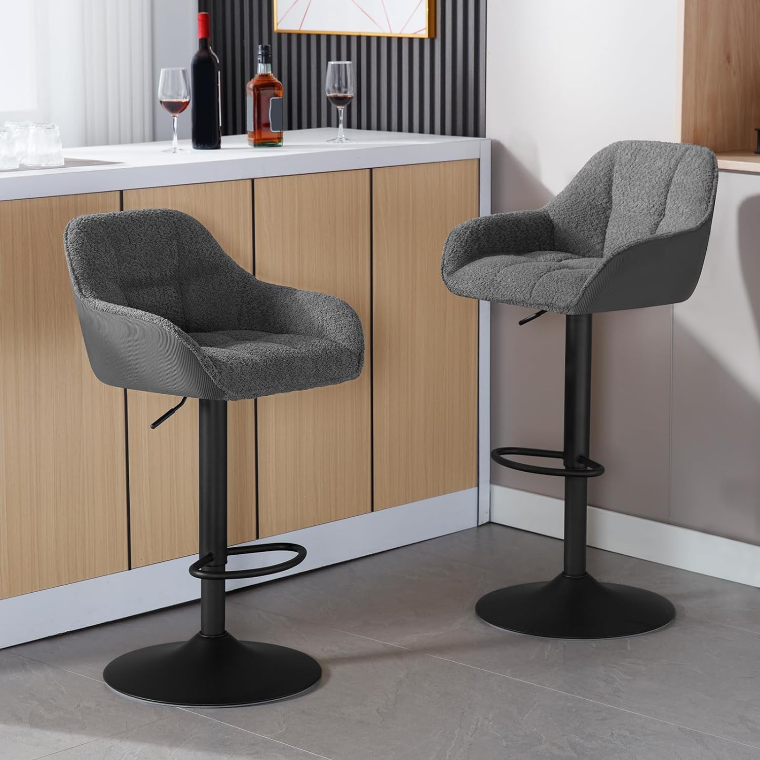 Lot de 2 Tabourets de Bar Chenille+Velours Côtelé, Tabouret Bar Réglable en Hauteur avec Dossier, Repose-Pieds, Gris foncé WOLTU - 5