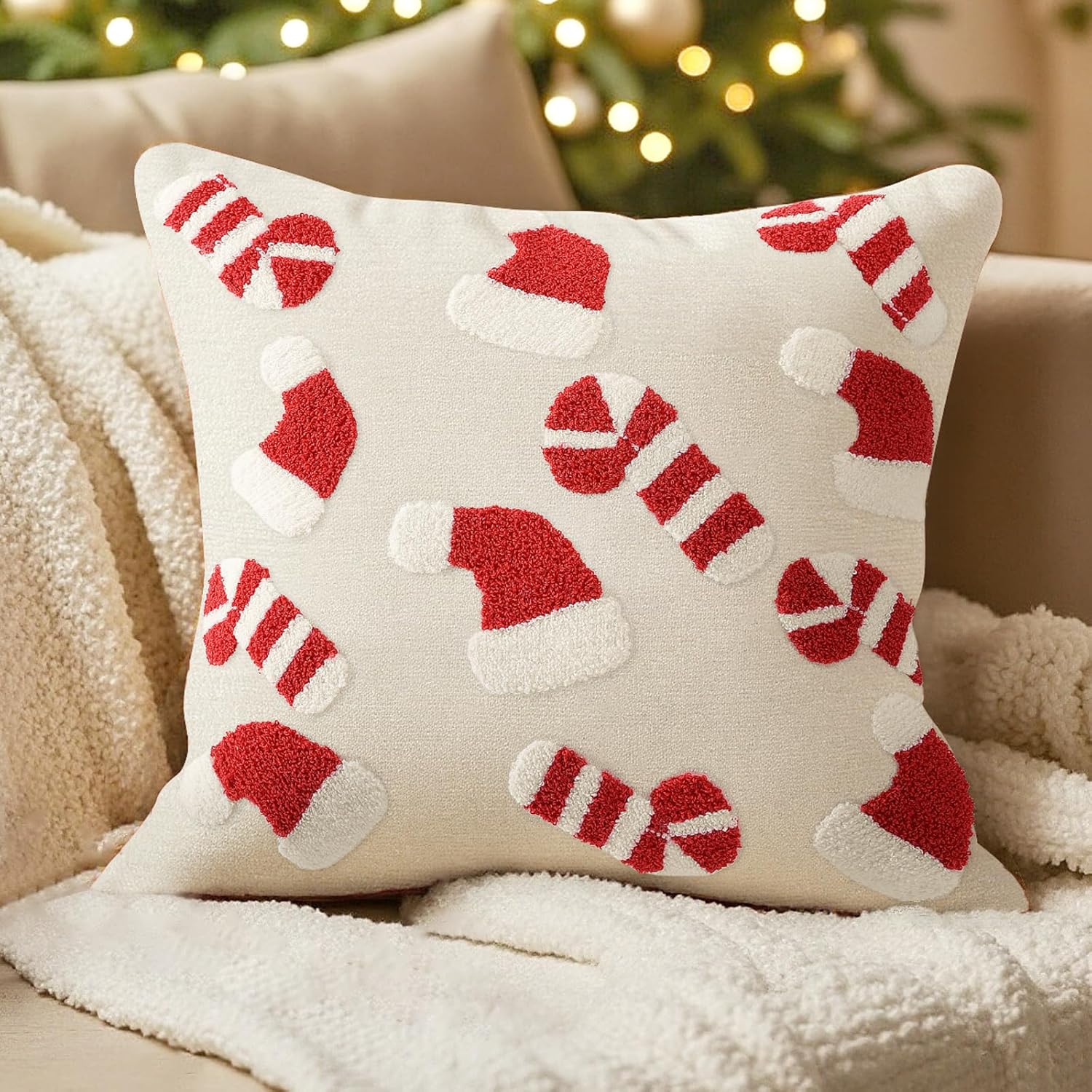 Housses De Coussin Noël 45x45 Cm - Lot De 2, Motif Cannes De Bonbon, Fausse Fourrure Et Velours, Fermeture éclair Invisible