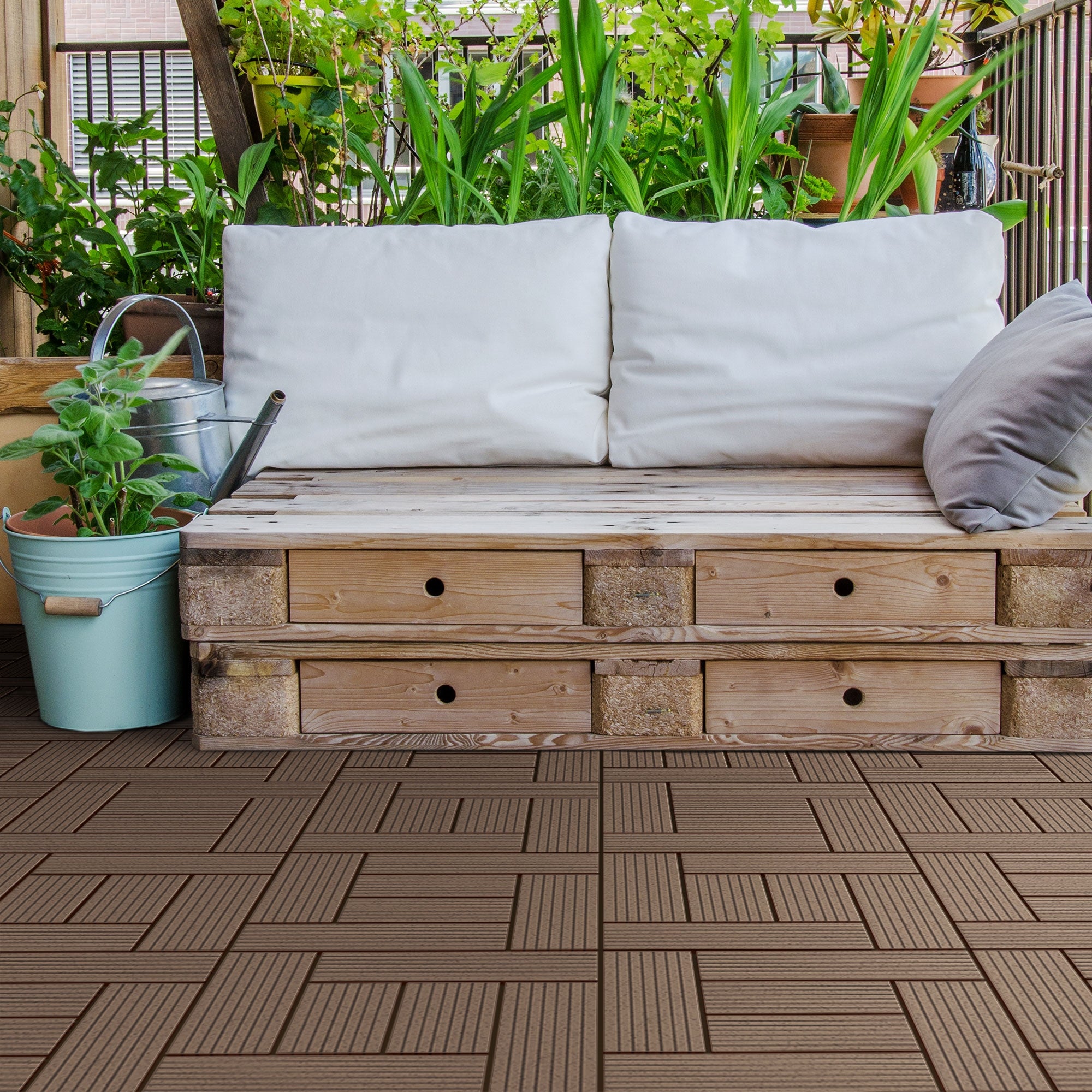 ECD Germany WPC Plytki tarasowe 30x30cm 44er Spar Set für 4m² Dark Brown Mosaic Wood Look for Garden Balcony Flooring with Drainage Click System