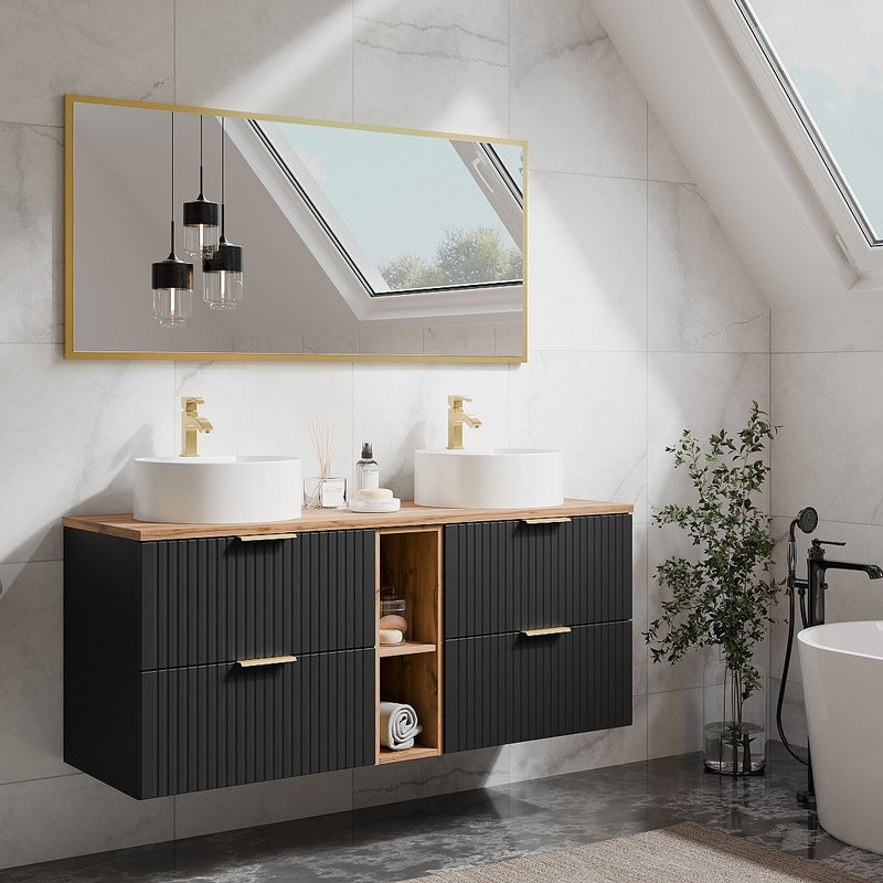 Szafka łazienkowa wisząca ryflowana z wnękami i dwoma okrągłymi umywalkami nablatowymi - Czarny i naturalny jasny - szer. 140 cm - ZEVARA