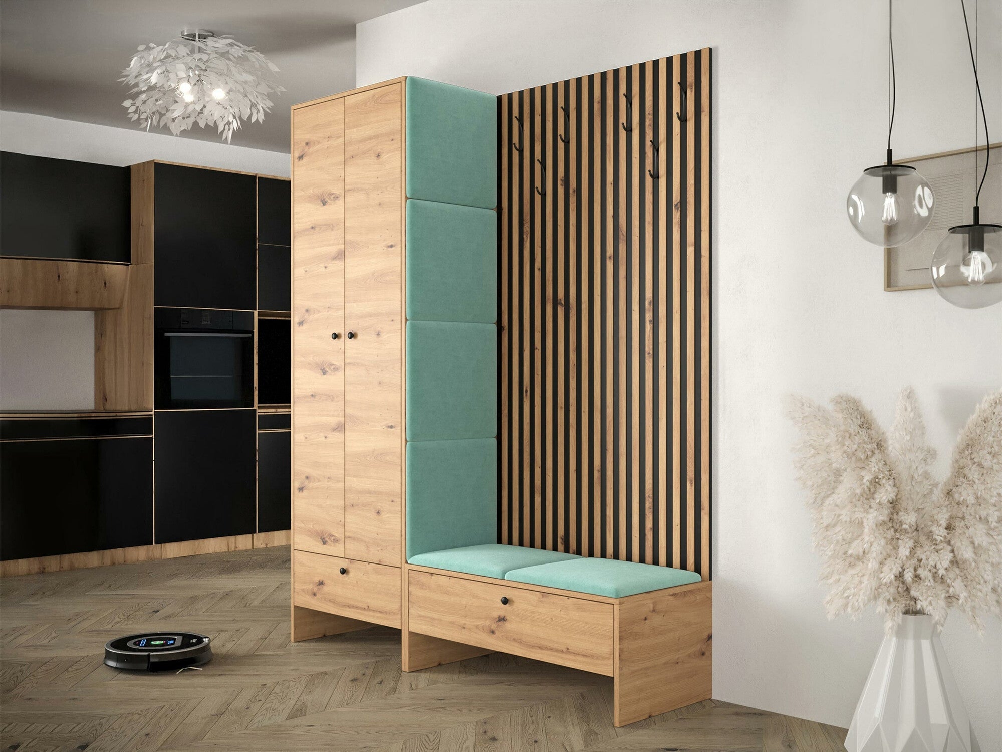 Meuble d'entrée Donio III, 206x145x44cm, Chêne Artisan, Noir, Stratifié, Tissu, À poser - 2