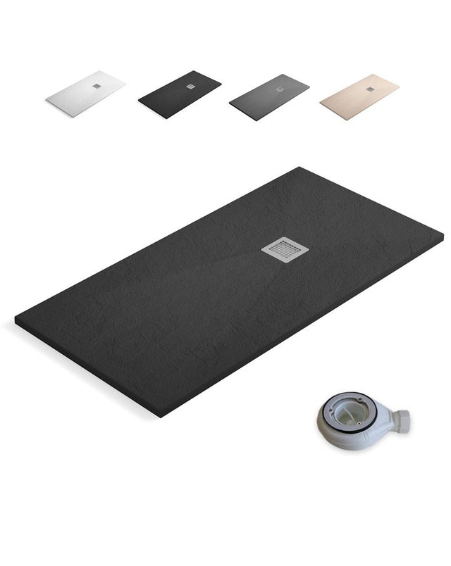 Plato Ducha de Resina Extraplano | 120 x 70 cm | Antideslizante Textura Pizarra Suave | Válvula de Desagüe y Rejilla | Antracita