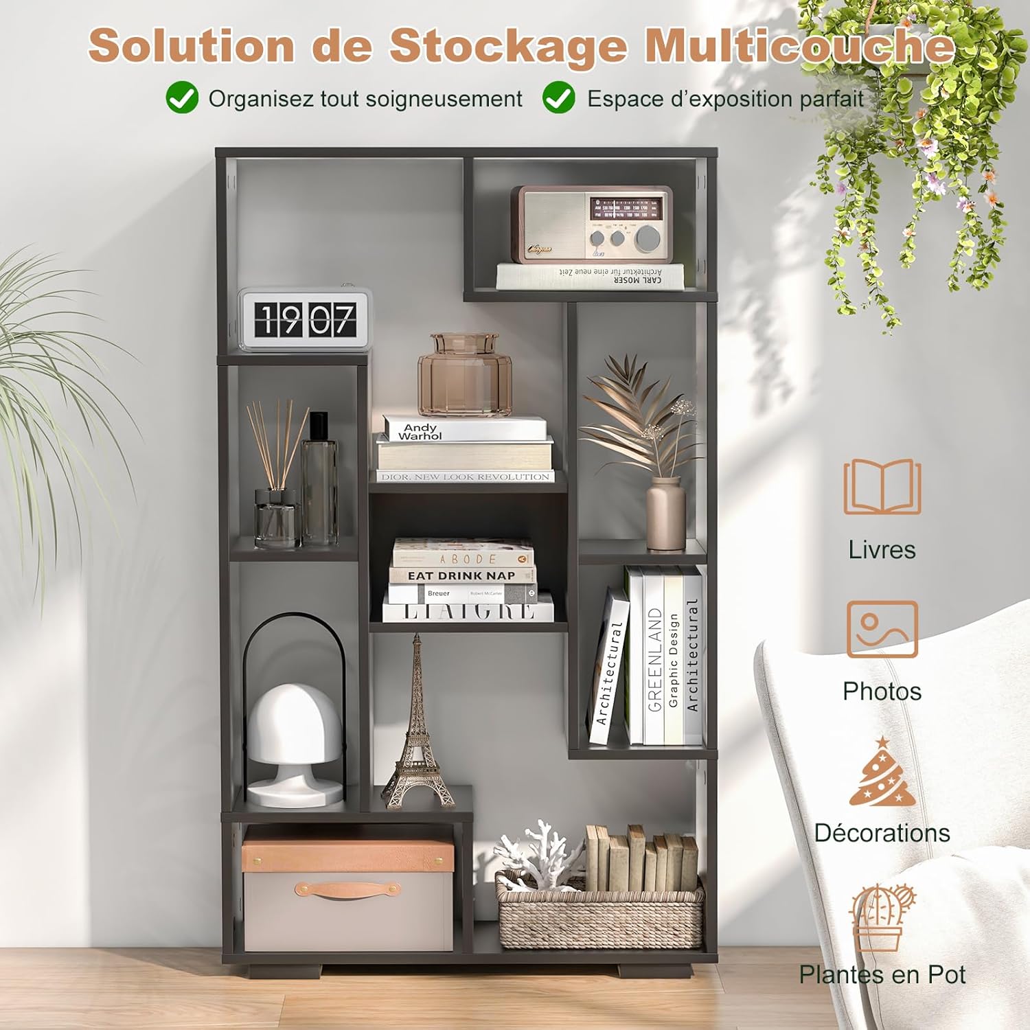Bibliothèque Meuble de Rangement, Étagère Bureau en Bois pour Salon 70 x 20 x 120 CM, 9 Étagère Cube Ouverte, Kit Anti-basculement (Noir) - 7