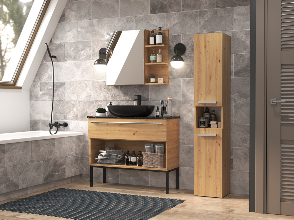 HORTI - Meuble salle de bain avec panier à linge - 31x30x174cm - Colonne rangement SDB - Chêne - 7