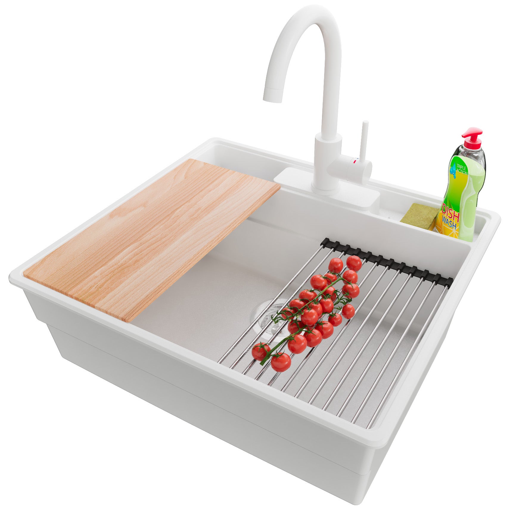 Zlewozmywak Granitowy Biały 58x53cm, Zlew Kuchenny 1 Komorowy + Syfon + Akcesoria, Nablatowy do szafki od 60cm - Nowy Jork PRIMAGRAN