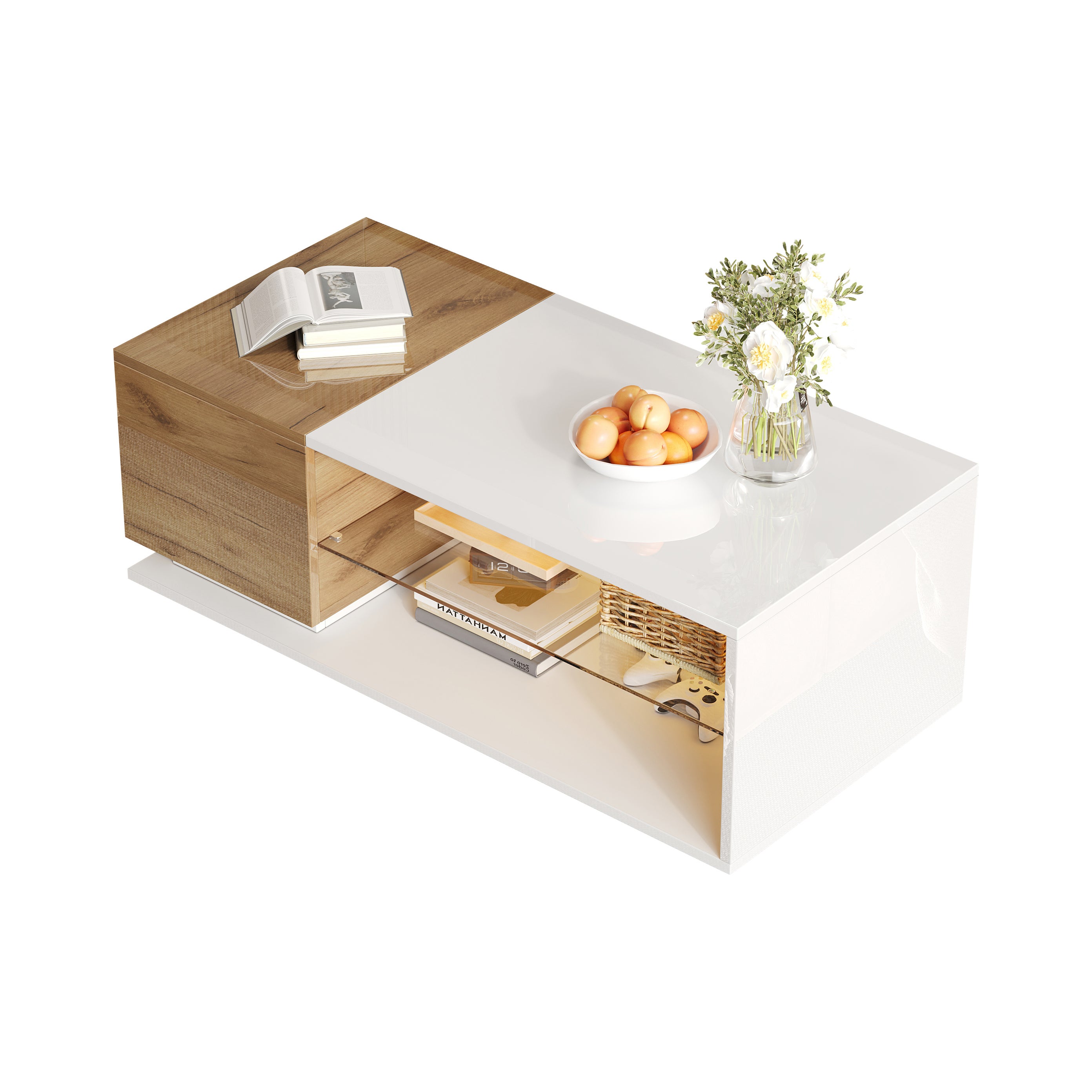 Table basse avec 1 porte et 2 étagères - 105 x 50 x 36 cm - LEDs - Panneau de particules - Blanc - 3