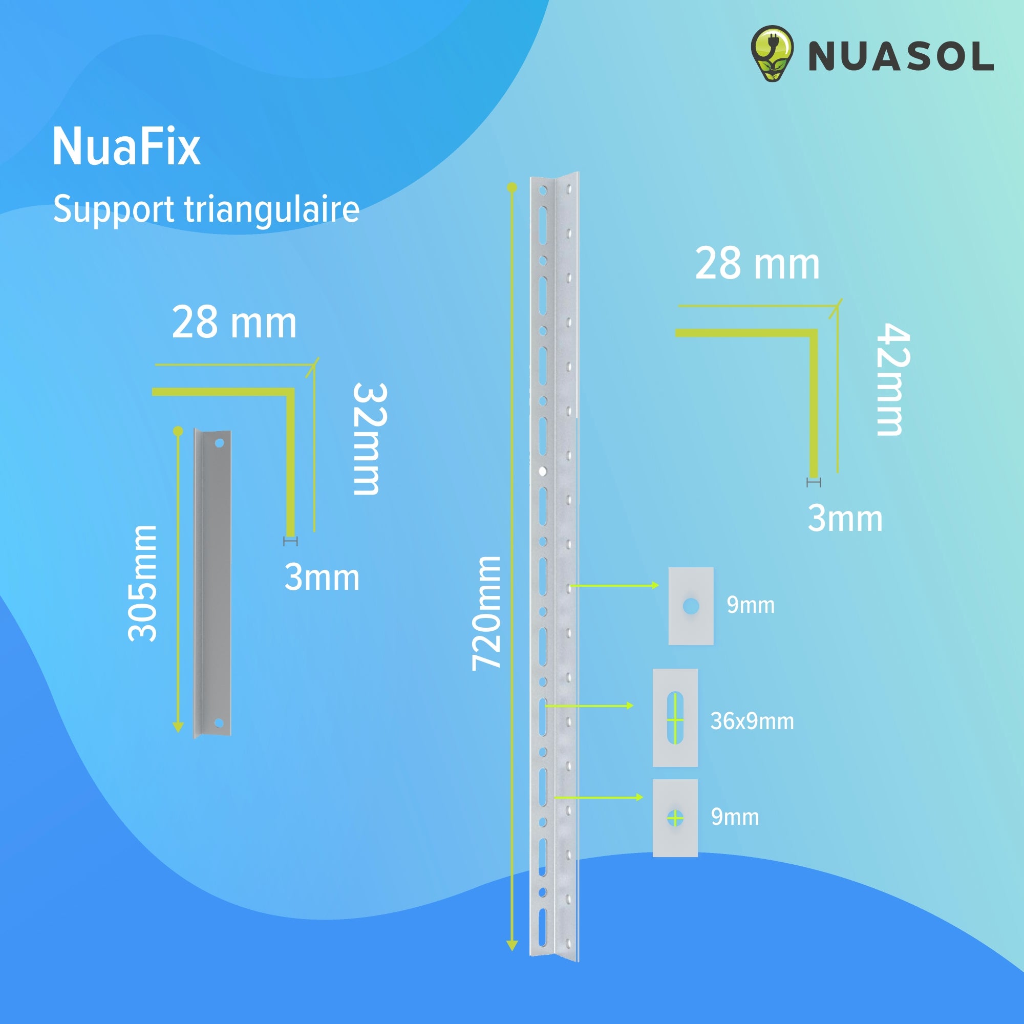 NUASOL Support pour panneau solaire jusqu'à 72 cm - Toit plat PV - Réglable de 0 à 90 ° - Lot de 4 - Aluminium - Matériel de montage - 8