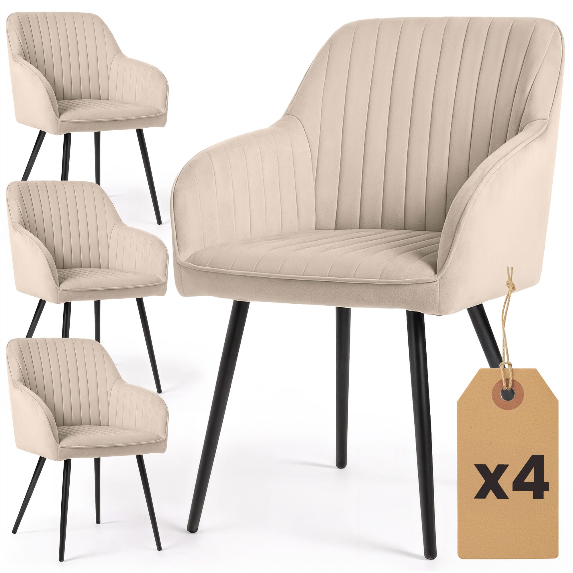 4x Welurowe krzesło tapicerowane z przeszyciami Beżowe FLORENCE Czarne nogi
