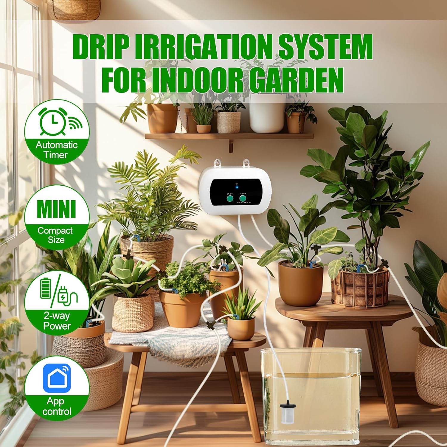 Système d'irrigation WiFi, contrôle d'application, minuterie intelligente, kit goutte à goutte à goutte, 15 buses pour jardin, balcon, intérieur - 2