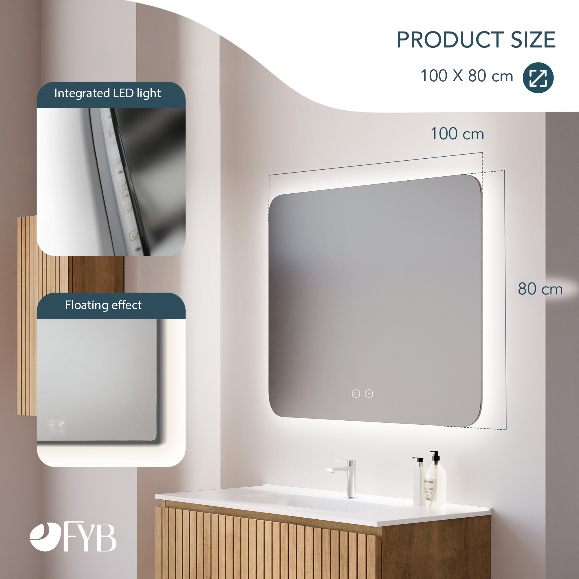 Feel Your Bath, Miroir de salle de bain carré avec lumière LED réglable de 100x80 cm, avec interrupteur tactile, anti-buée et arrêt automatique - 5