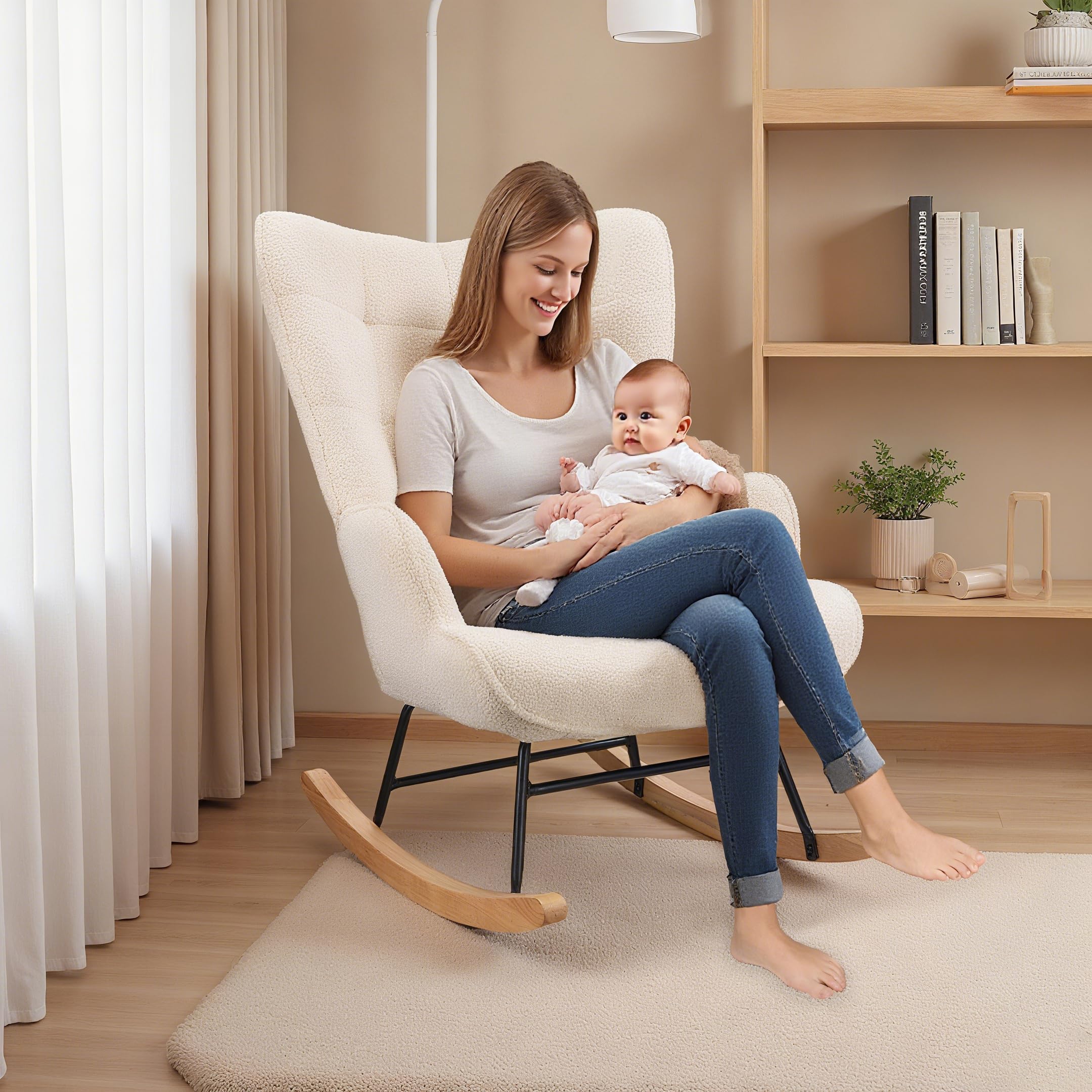 Fauteuil à Bascule, d'allaitement, de Salon, avec Structure en métal et Base en Bois, maximale : 150 kg, Tissu en Peluche, Beige, 75 x 68 x 92 cm - 7
