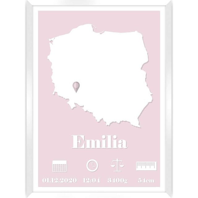 Tableau cadre blanc The Map bébé rose métriques de naissance 30 x 40 cm Rose cadre Blanc