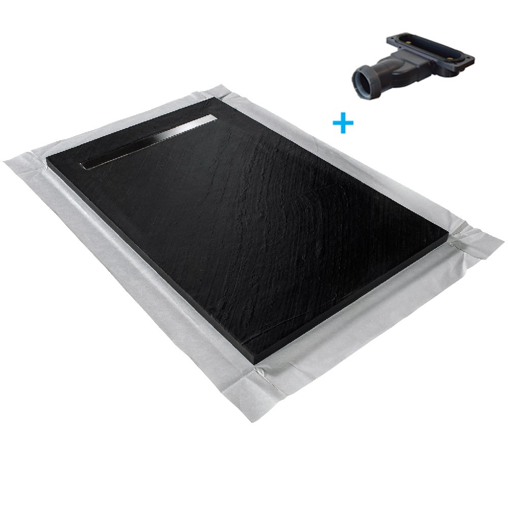 Receveur de douche caniveau en pierre naturelle 120 x 90 cm - graphite noir + natte étanche + siphon ultra plat - 2