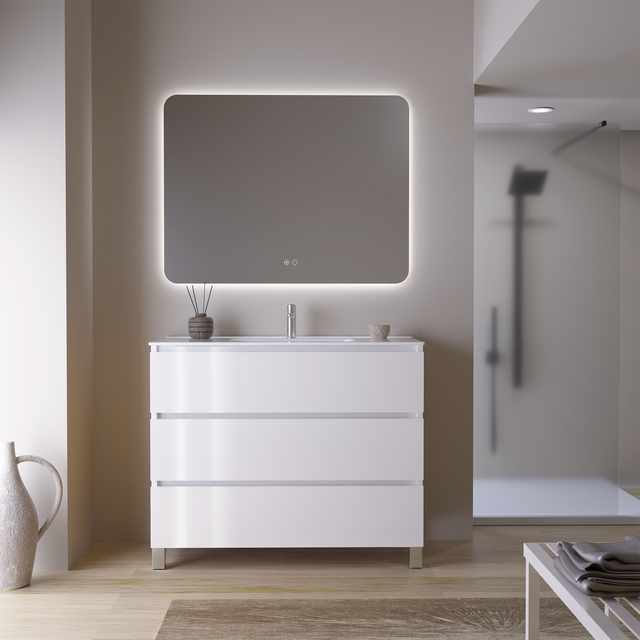 Mobile Bagno JAGUAR 100 cm Bianco, 3 Cassetti, Lavabo in Ceramica, Specchio Rettangolare LED – Feel Your Bath - Installazione Facile