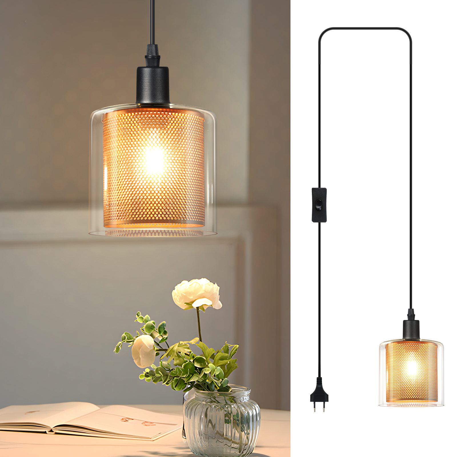 NETTLIFE Lampa wisząca Vintage z jednym płomieniem: Złota lampa wisząca ze szkła z wtyczką i przełącznikiem Lampa wisząca E14