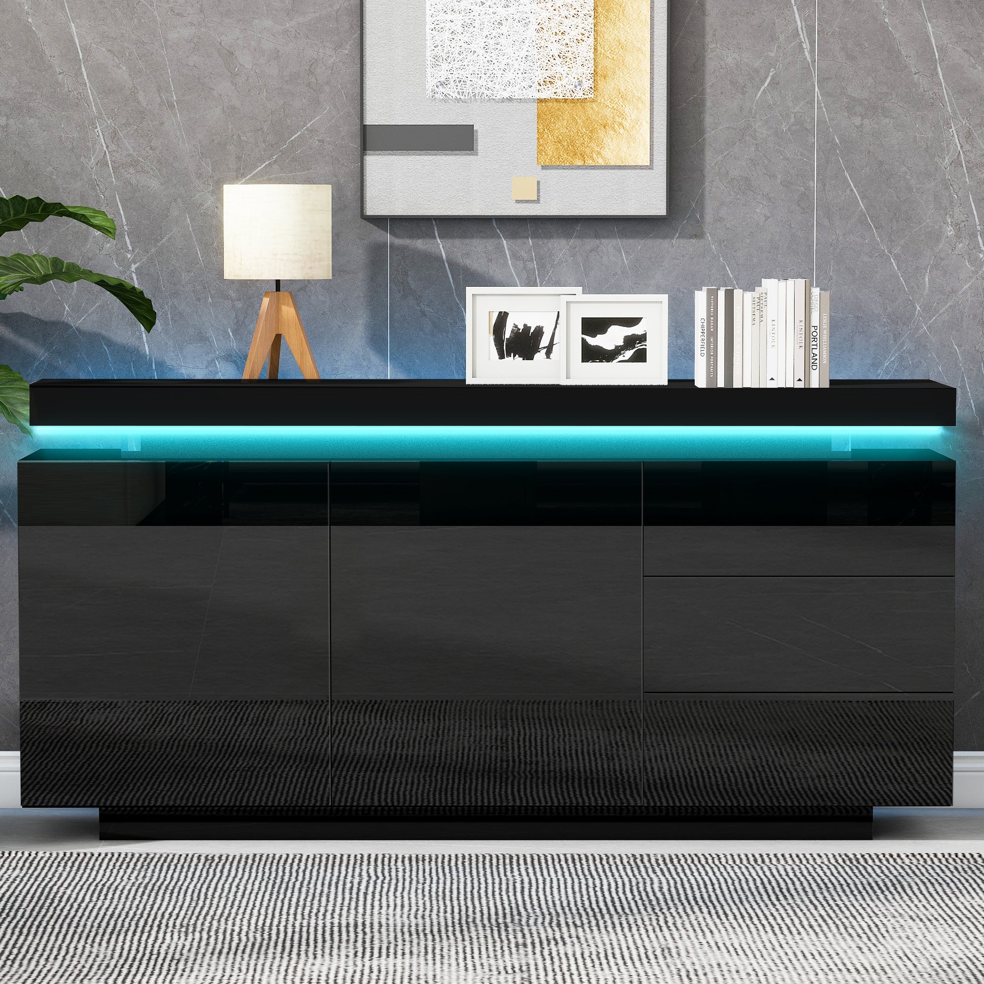 Nowoczesna niska komoda z 2 drzwiami i 3 szufladami - 140 x 35 x 72,5 cm - LED - do salonu - Czarny połysk - 6