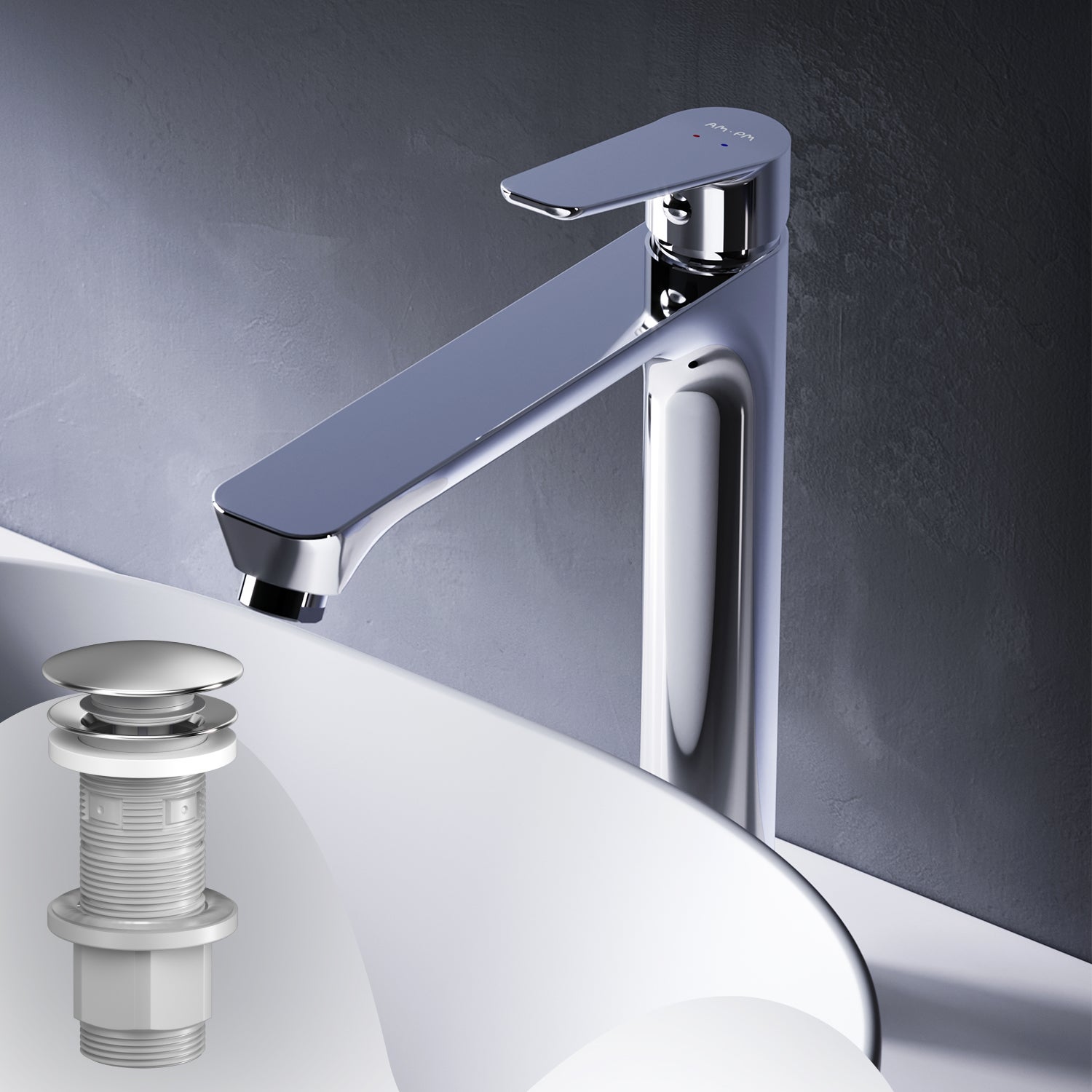 Bateria umywalkowa z wyciąganym odpływem, chrom, rozmiar L, FTA92200 AM.PM