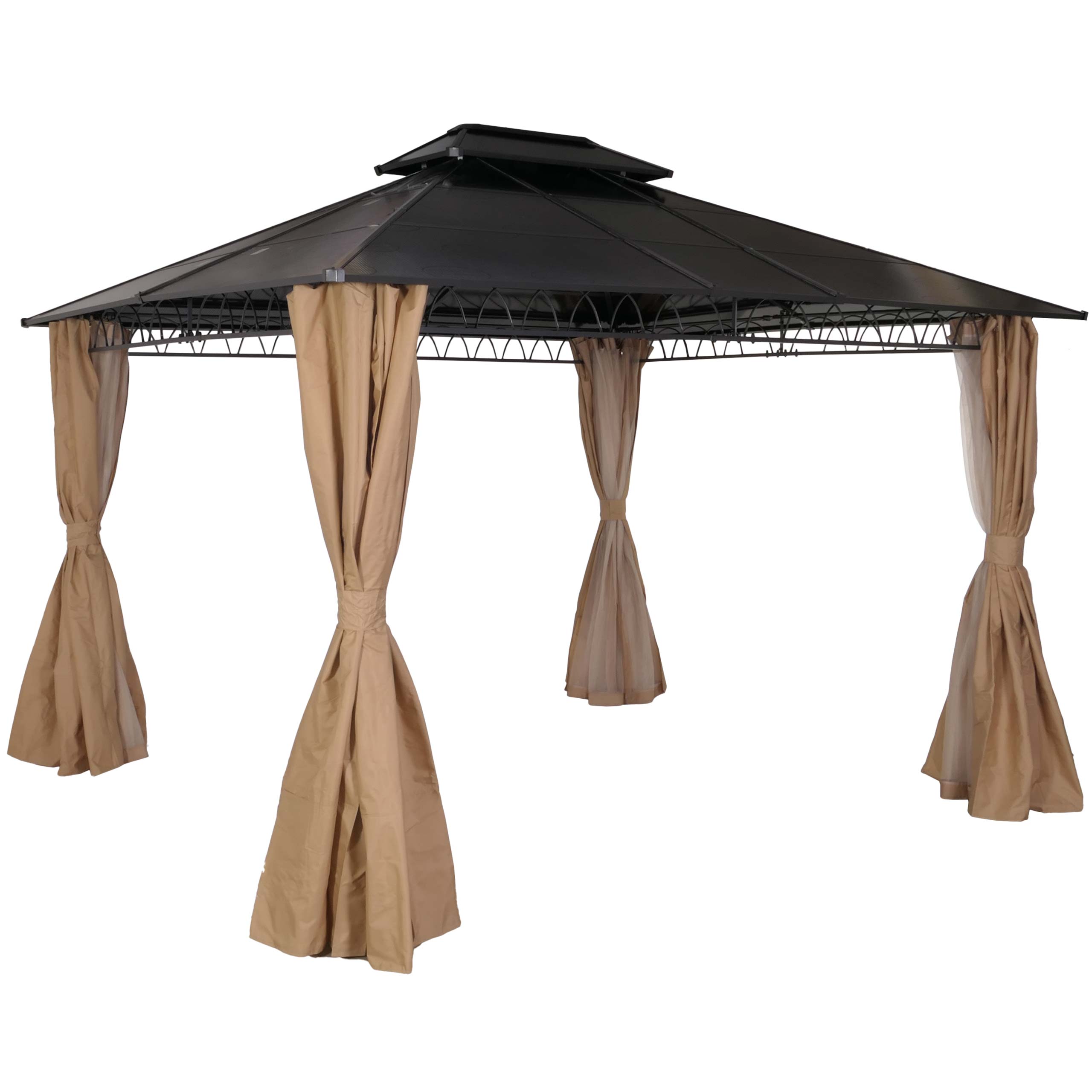 Hardtop pergola HWC-M81, pawilon, aluminiowe rozpórki dachowe 7cm stalowa rama ze ścianą boczną i moskitierą 3.6x3m ~ kremowy